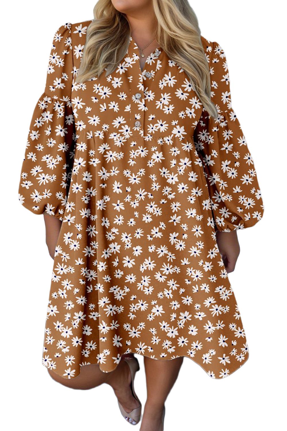 Khaki Plus Size Daisy Floral Print Button Split Neck Puff Sleeve Dress - MAD RUFFI
