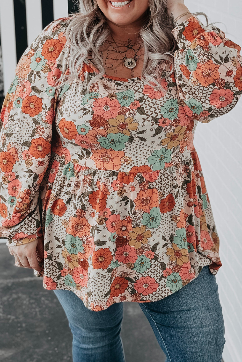 Khaki Plus Size Flower Print Square Neck Peplum Blouse - Khaki / 1X - Plus Size Tops