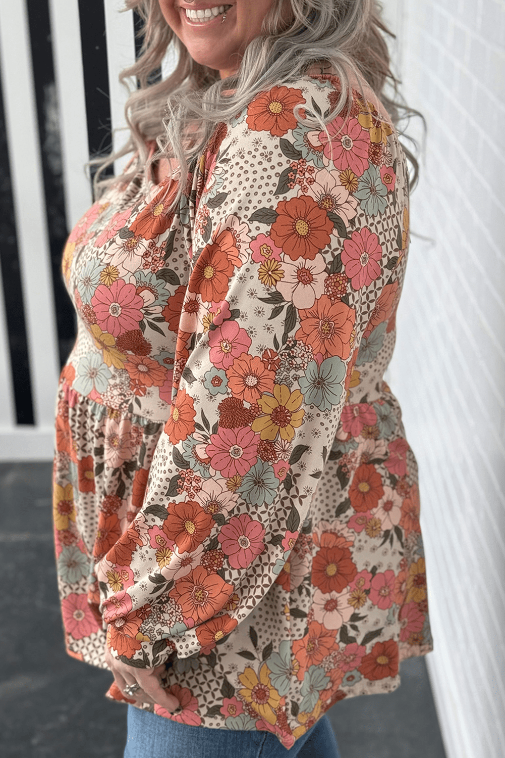 Khaki Plus Size Flower Print Square Neck Peplum Blouse - MAD RUFFI