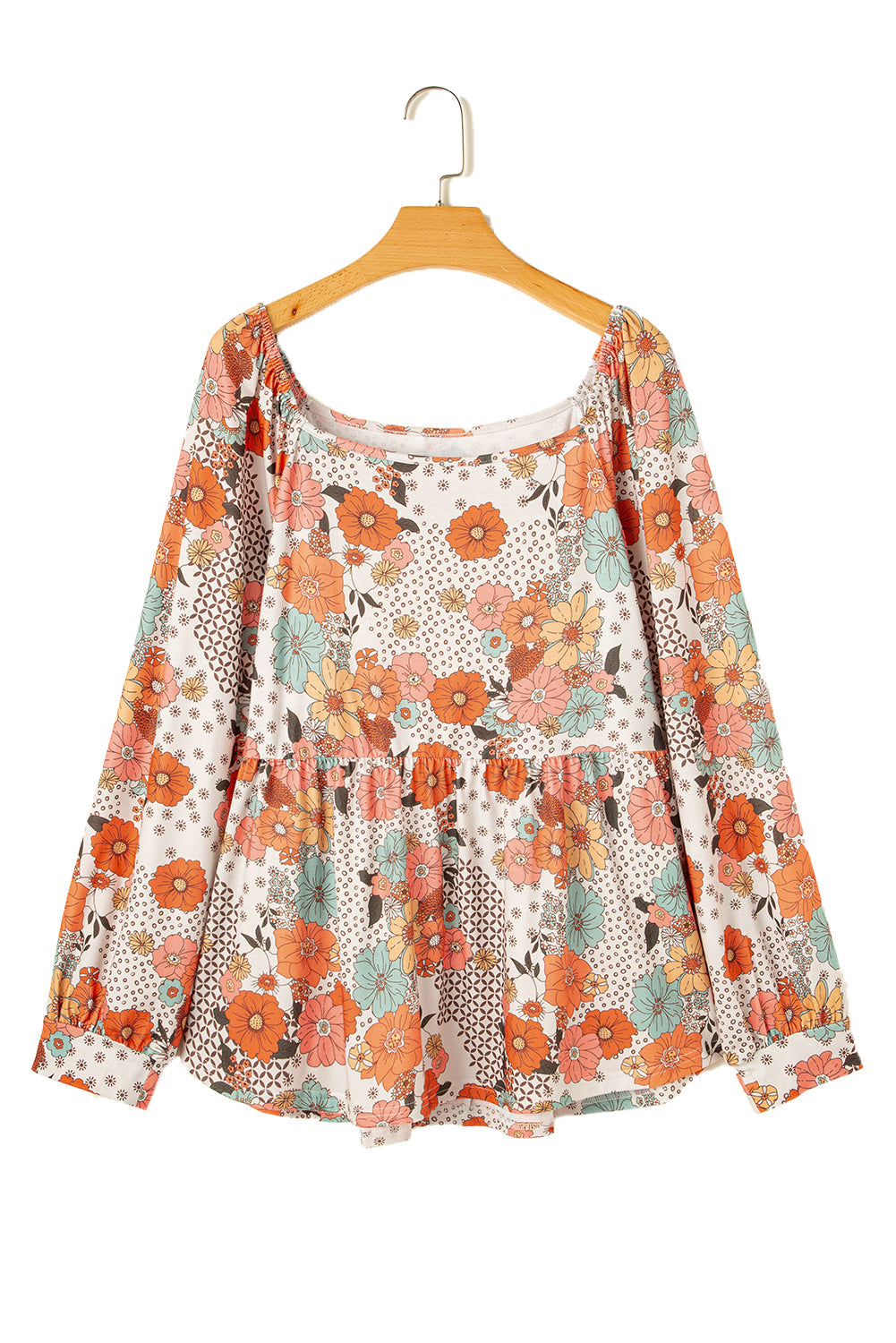 Khaki Plus Size Flower Print Square Neck Peplum Blouse - Plus Size Tops