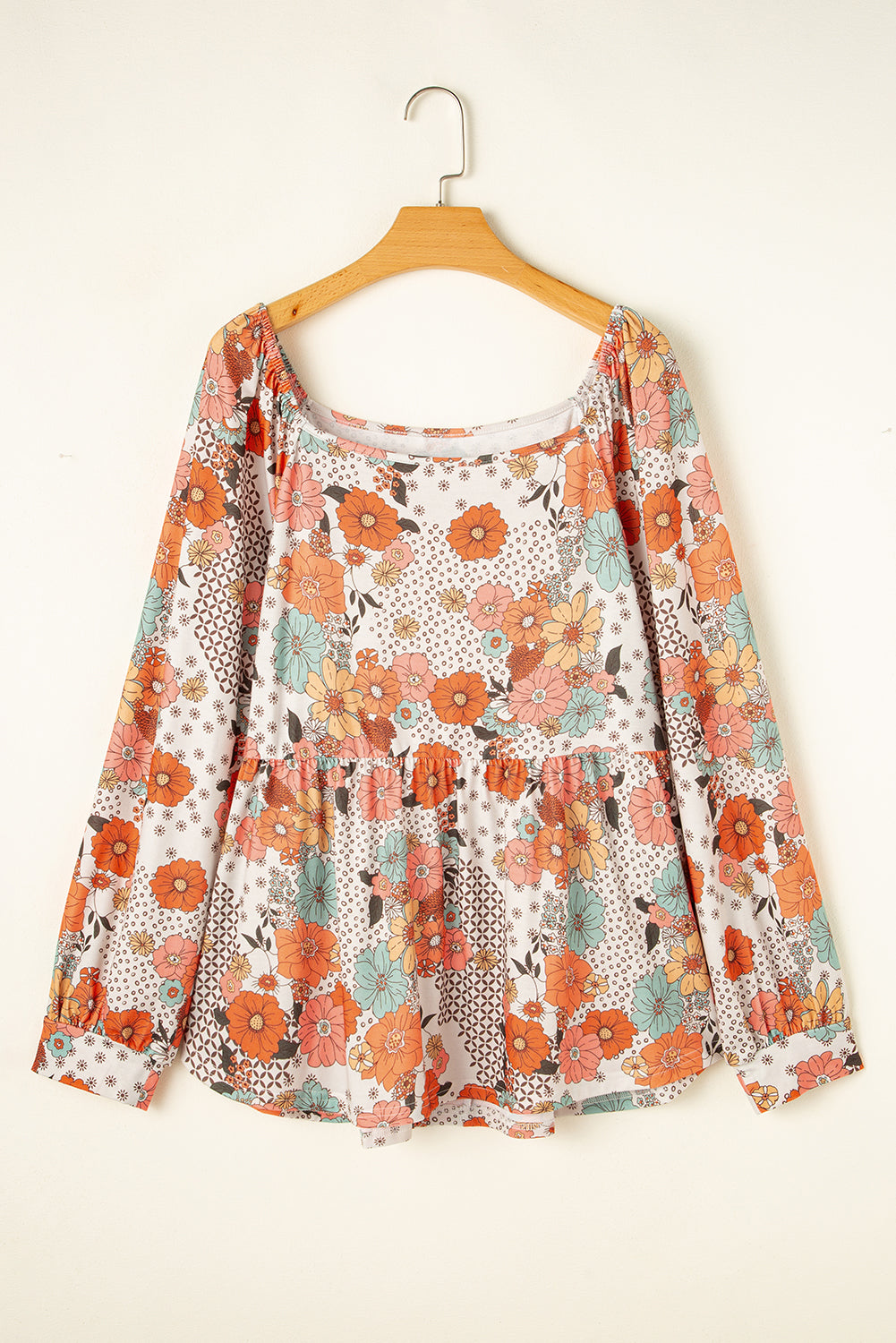 Khaki Plus Size Flower Print Square Neck Peplum Blouse - Plus Size Tops