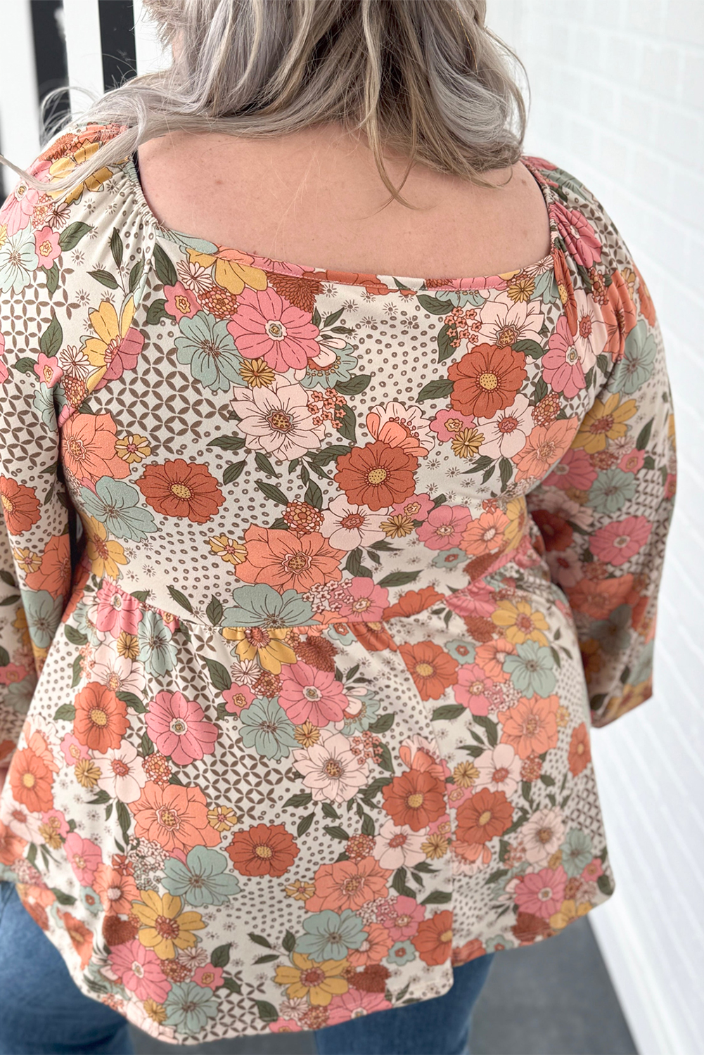 Khaki Plus Size Flower Print Square Neck Peplum Blouse - Plus Size Tops