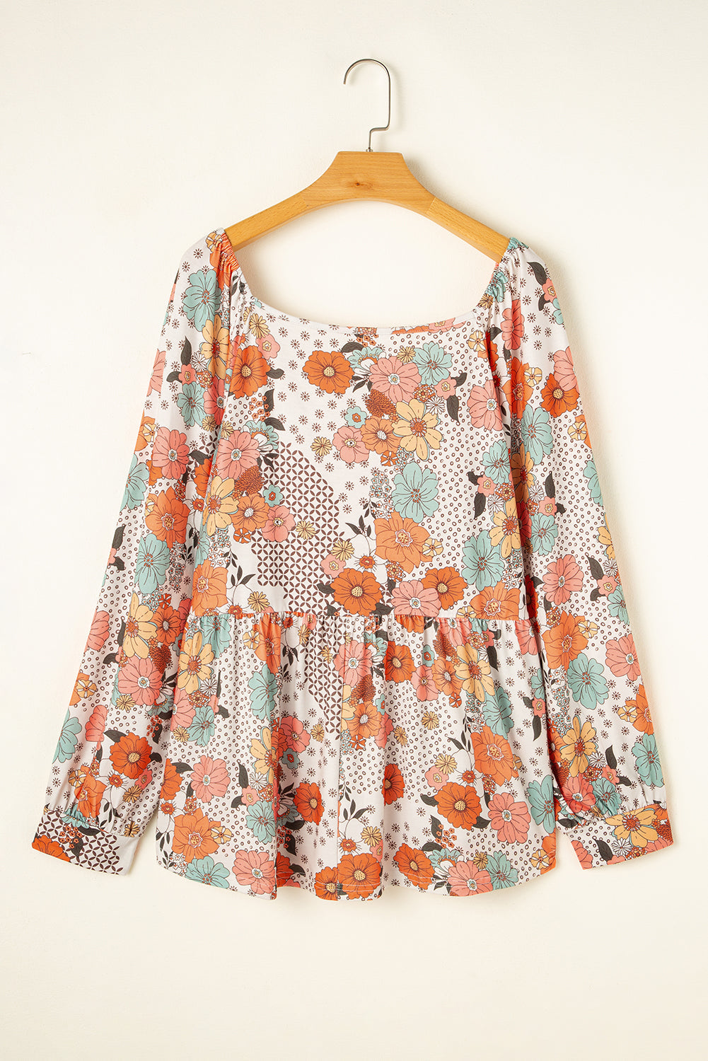 Khaki Plus Size Flower Print Square Neck Peplum Blouse - Plus Size Tops