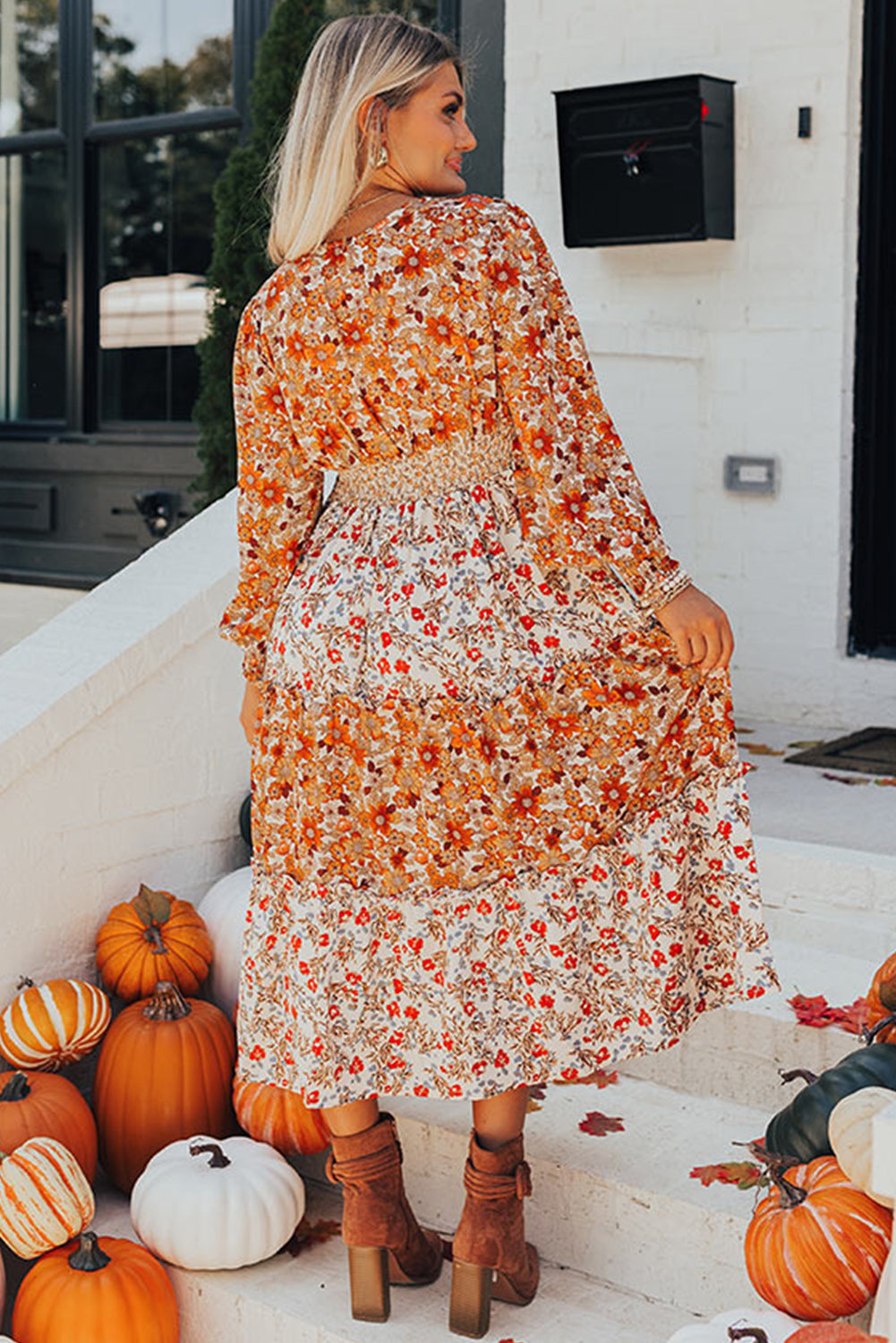 Khaki Plus Size Frill Tiered High Waist Floral Dress - MAD RUFFI