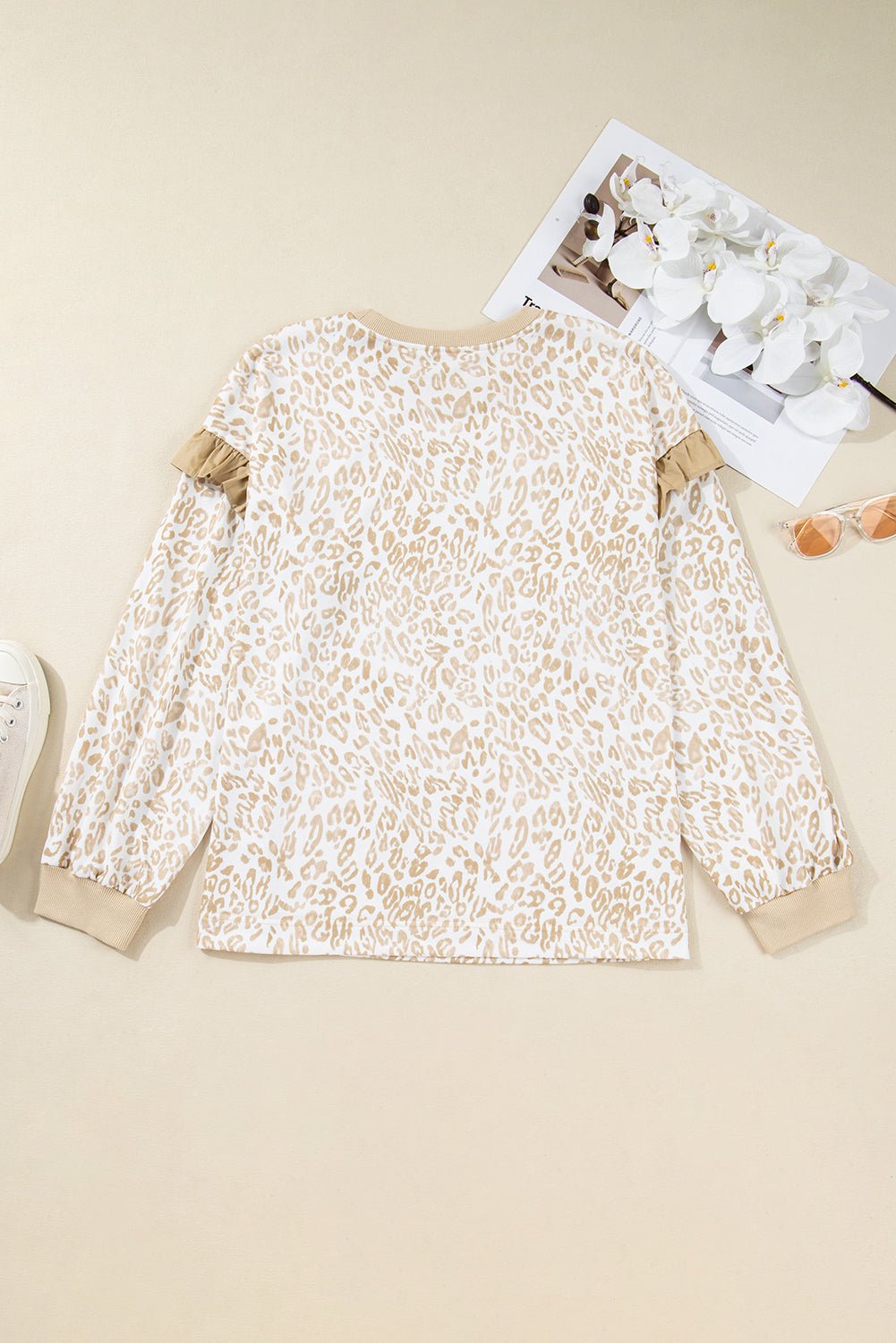 Khaki Plus Size Ruffle Arm Leopard Sweatshirt - MAD RUFFI