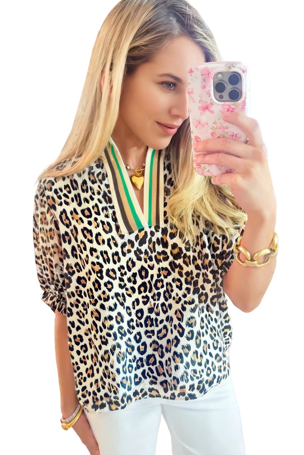 Khaki Pop of Color Neckline Loose Fit Leopard Print Blouse - MAD RUFFI