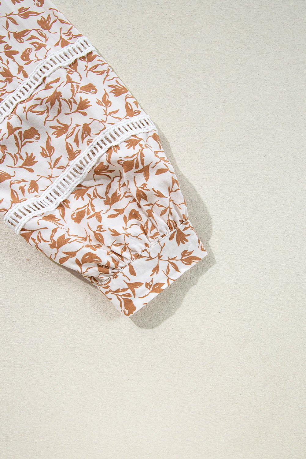 Khaki Printed Floral Print Lace Detail Puff Sleeve Shirt - MAD RUFFI