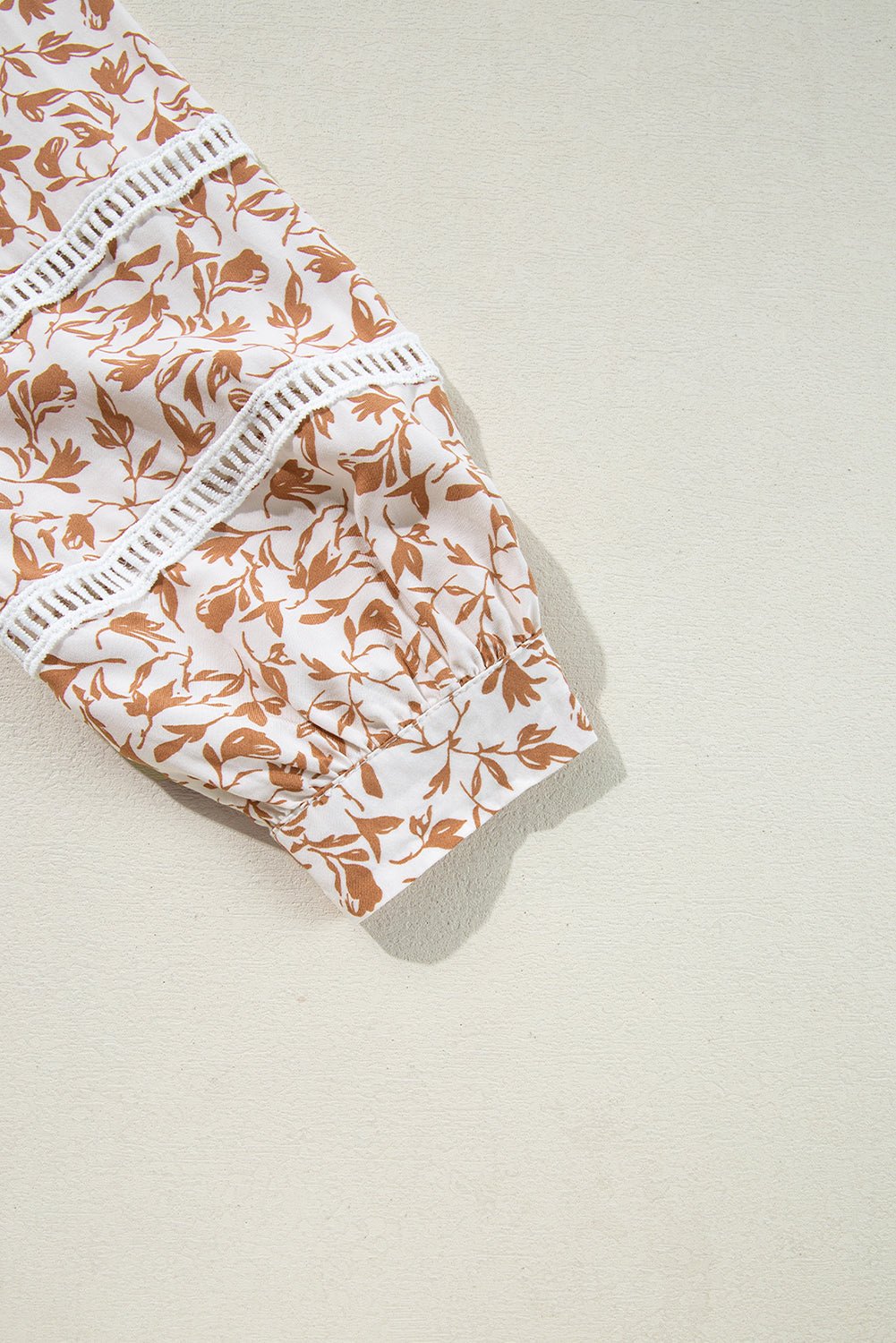 Khaki Printed Floral Print Lace Detail Puff Sleeve Shirt - MAD RUFFI