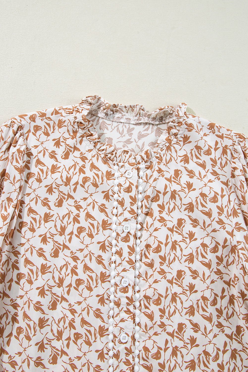 Khaki Printed Floral Print Lace Detail Puff Sleeve Shirt - MAD RUFFI