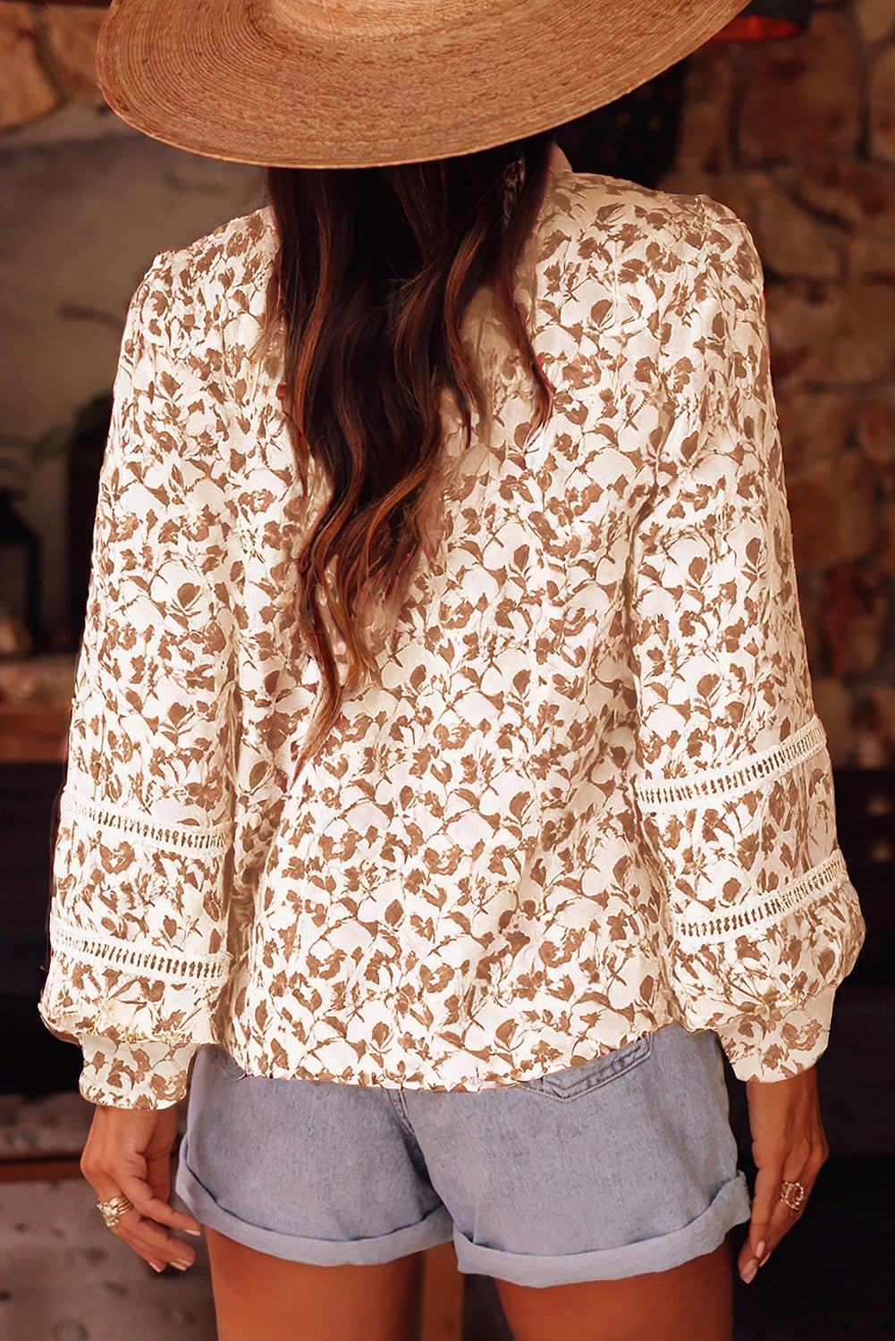 Khaki Printed Floral Print Lace Detail Puff Sleeve Shirt - MAD RUFFI