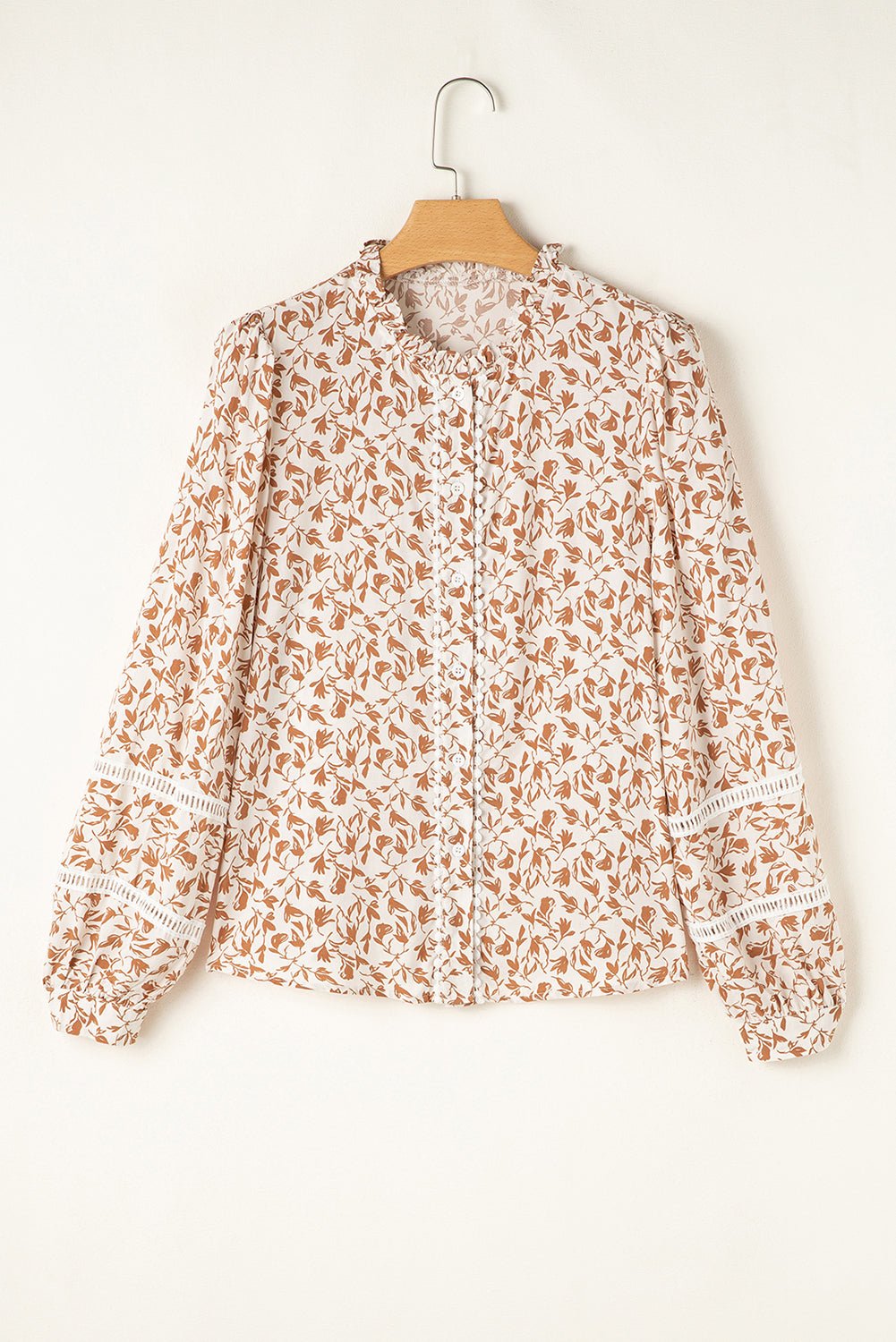 Khaki Printed Floral Print Lace Detail Puff Sleeve Shirt - MAD RUFFI