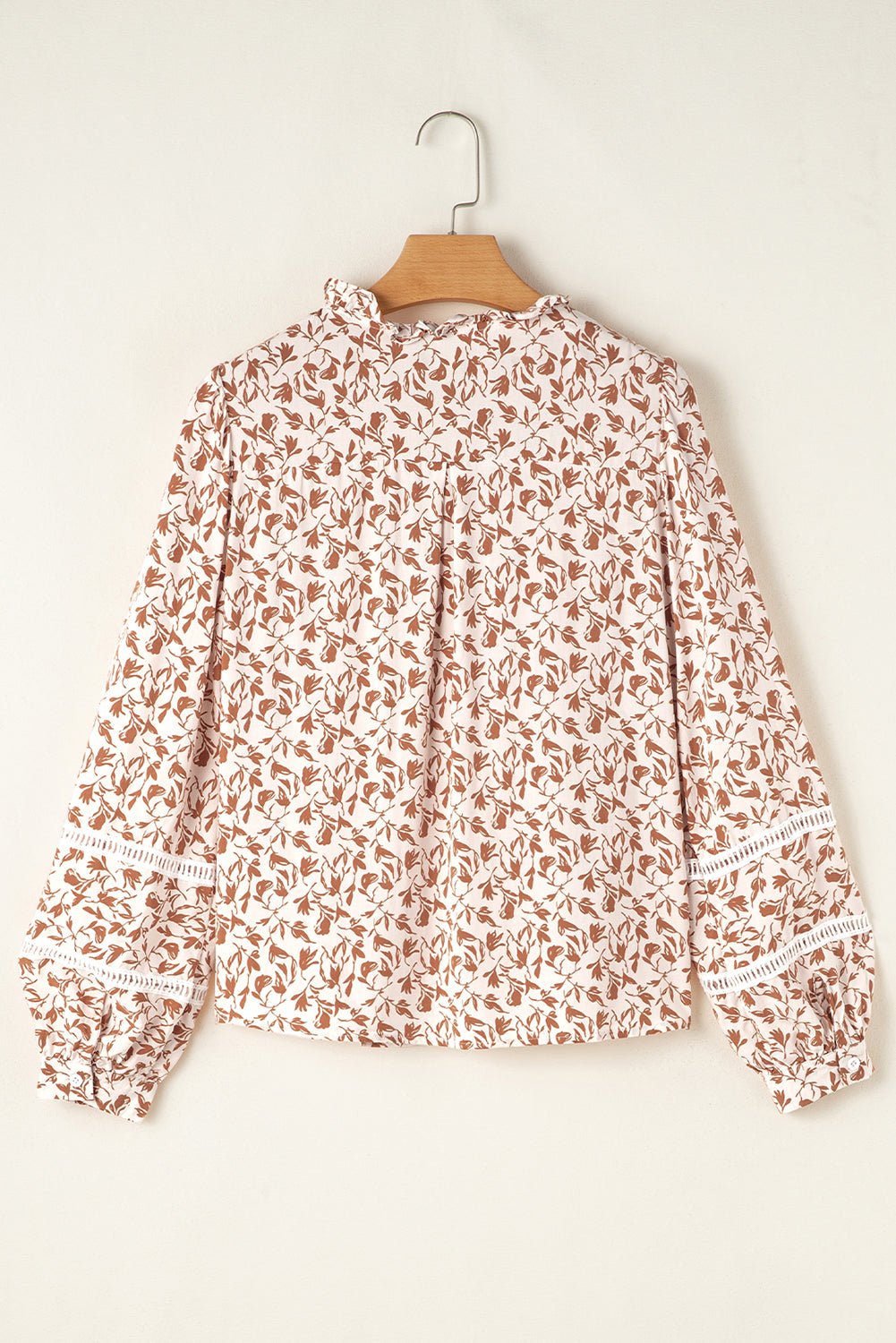 Khaki Printed Floral Print Lace Detail Puff Sleeve Shirt - MAD RUFFI