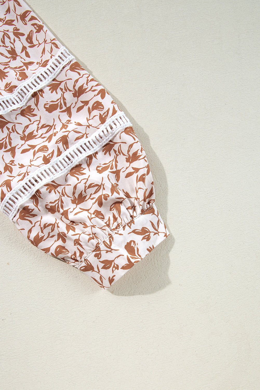 Khaki Printed Floral Print Lace Detail Puff Sleeve Shirt - MAD RUFFI