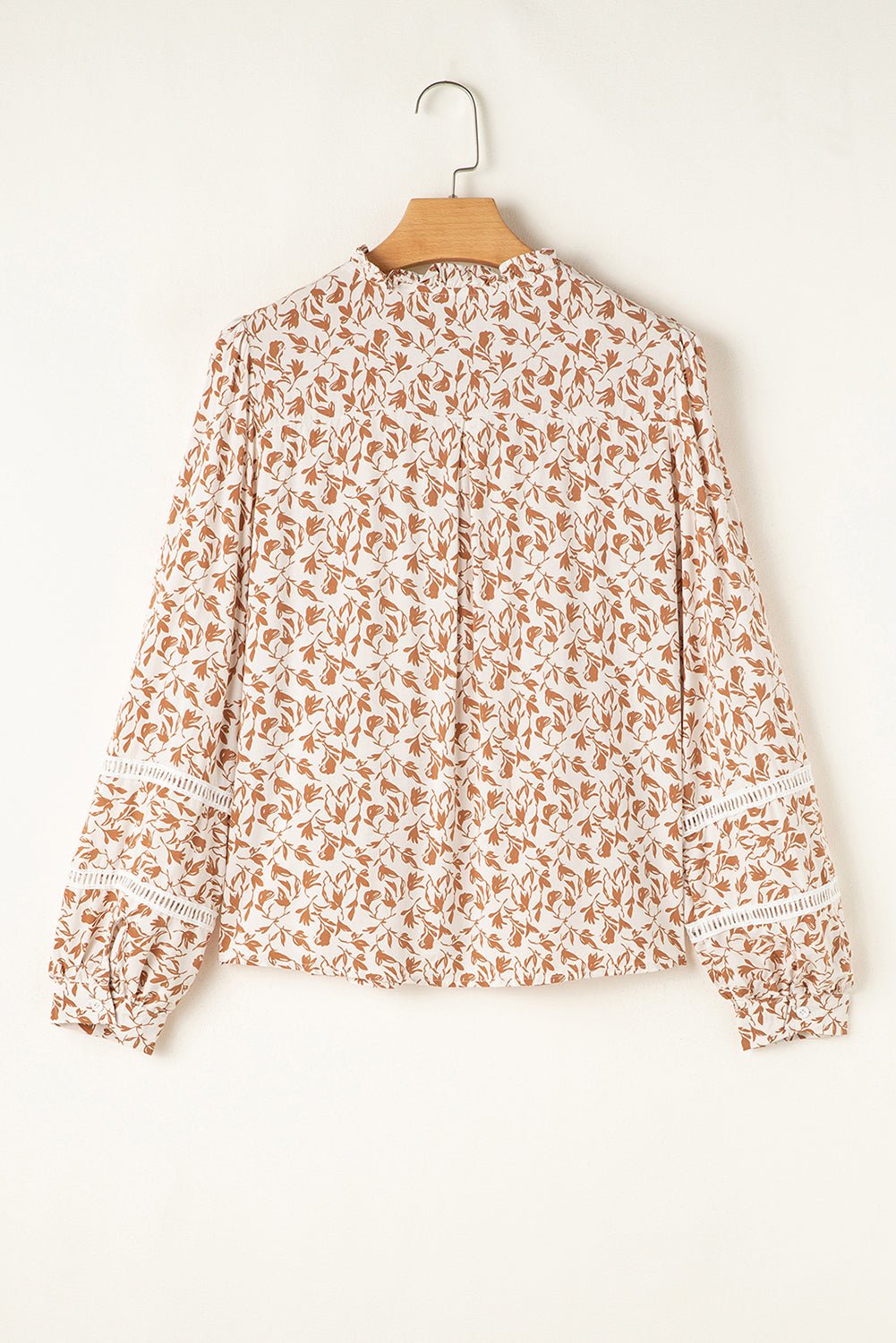 Khaki Printed Floral Print Lace Detail Puff Sleeve Shirt - MAD RUFFI