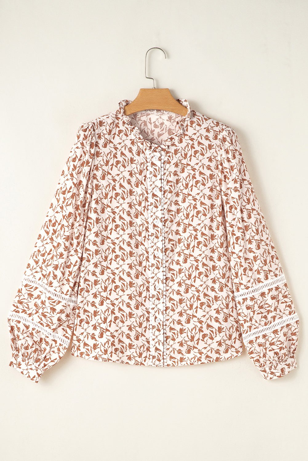 Khaki Printed Floral Print Lace Detail Puff Sleeve Shirt - MAD RUFFI