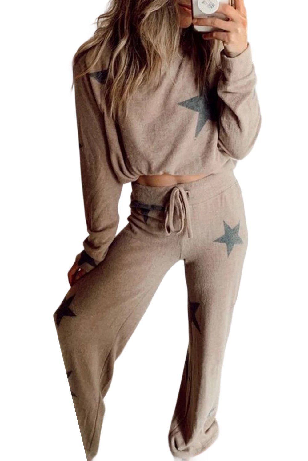 Khaki Retro Star Print Long Sleeve Pullover Drawstring Wide Leg Pajama Set - MAD RUFFI