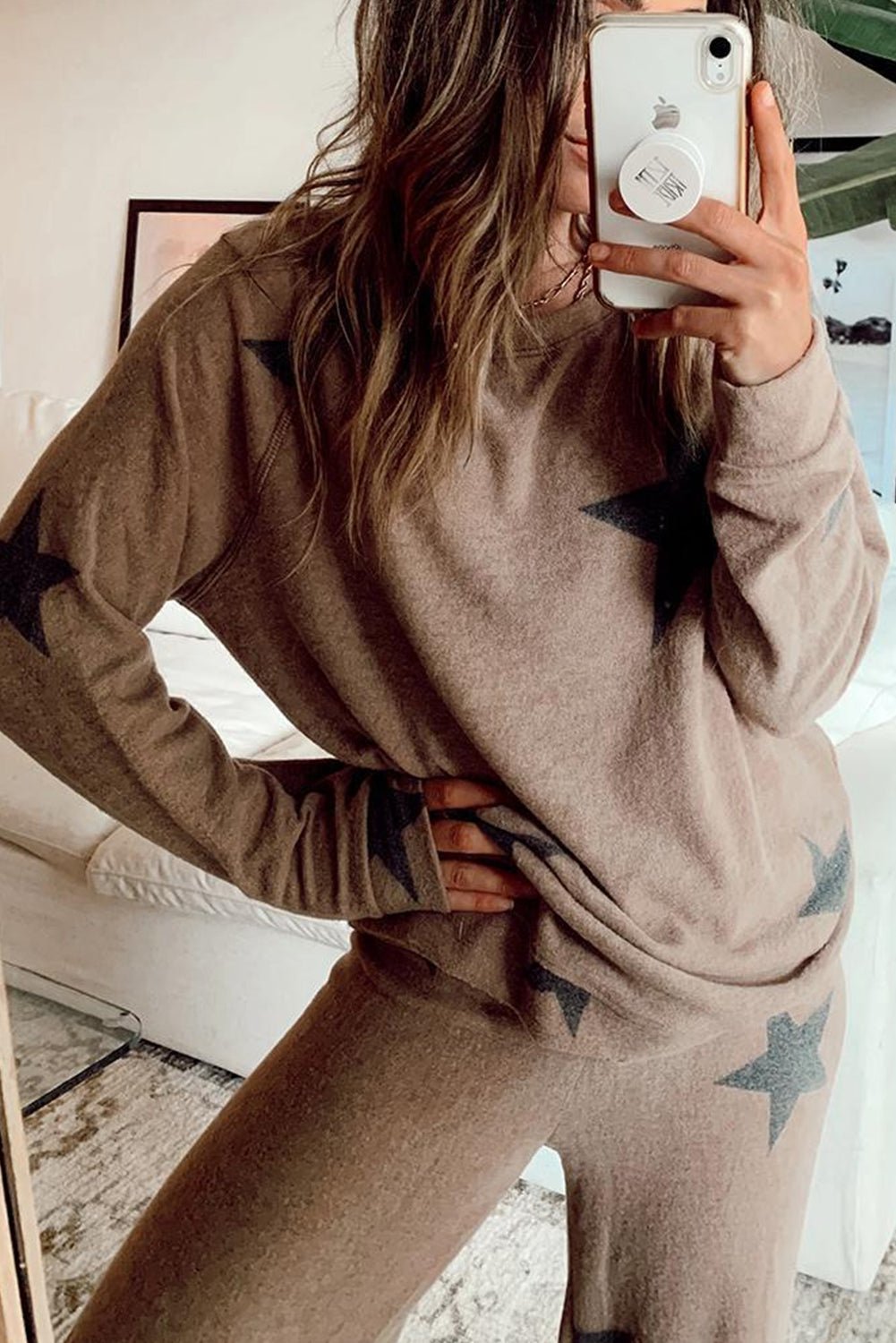 Khaki Retro Star Print Long Sleeve Pullover Drawstring Wide Leg Pajama Set - MAD RUFFI