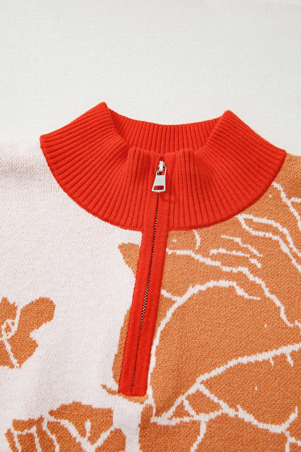 Khaki Ribbed Detail Floral Pattern Zip Collar Pullover Sweater - MAD RUFFI