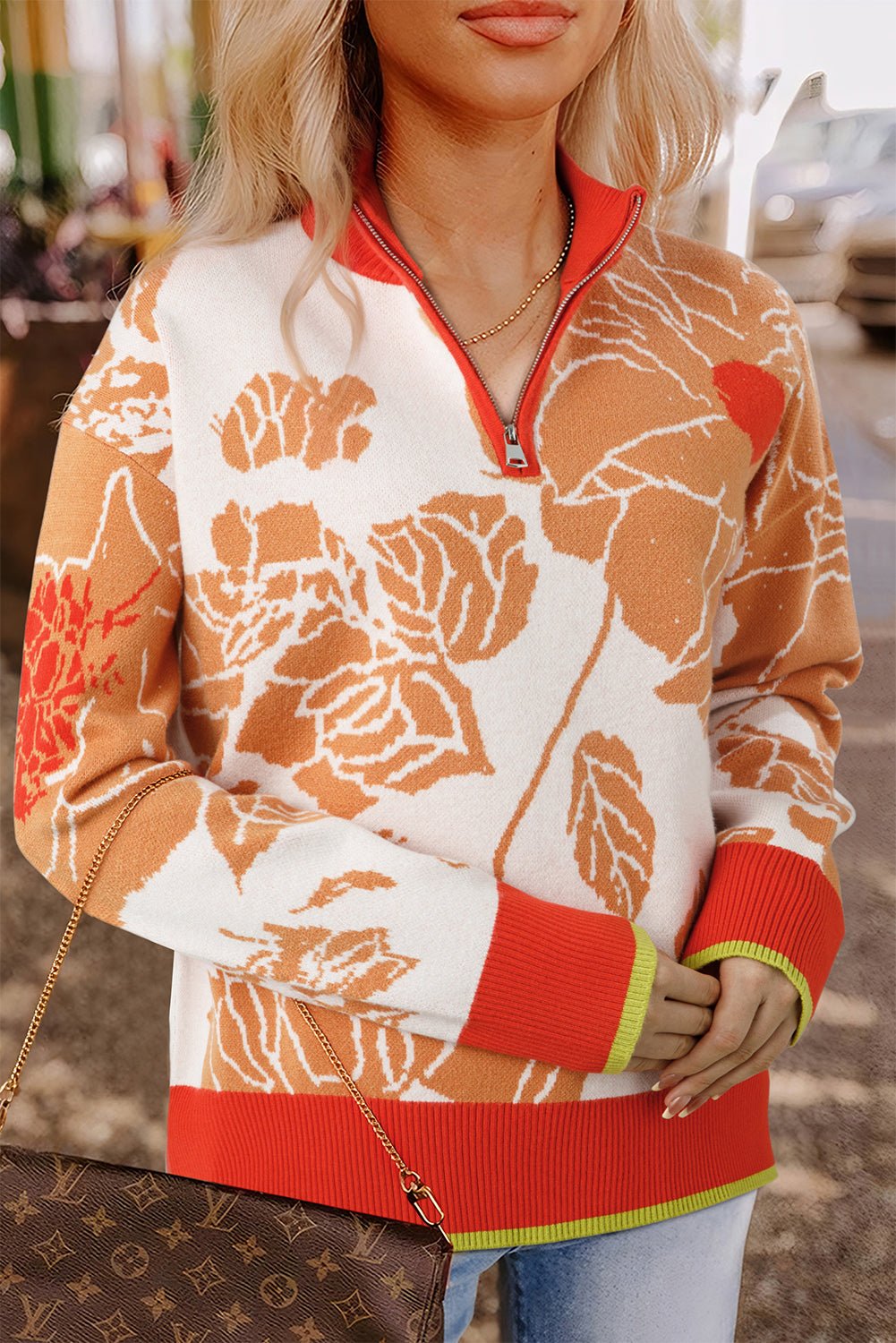 Khaki Ribbed Detail Floral Pattern Zip Collar Pullover Sweater - MAD RUFFI