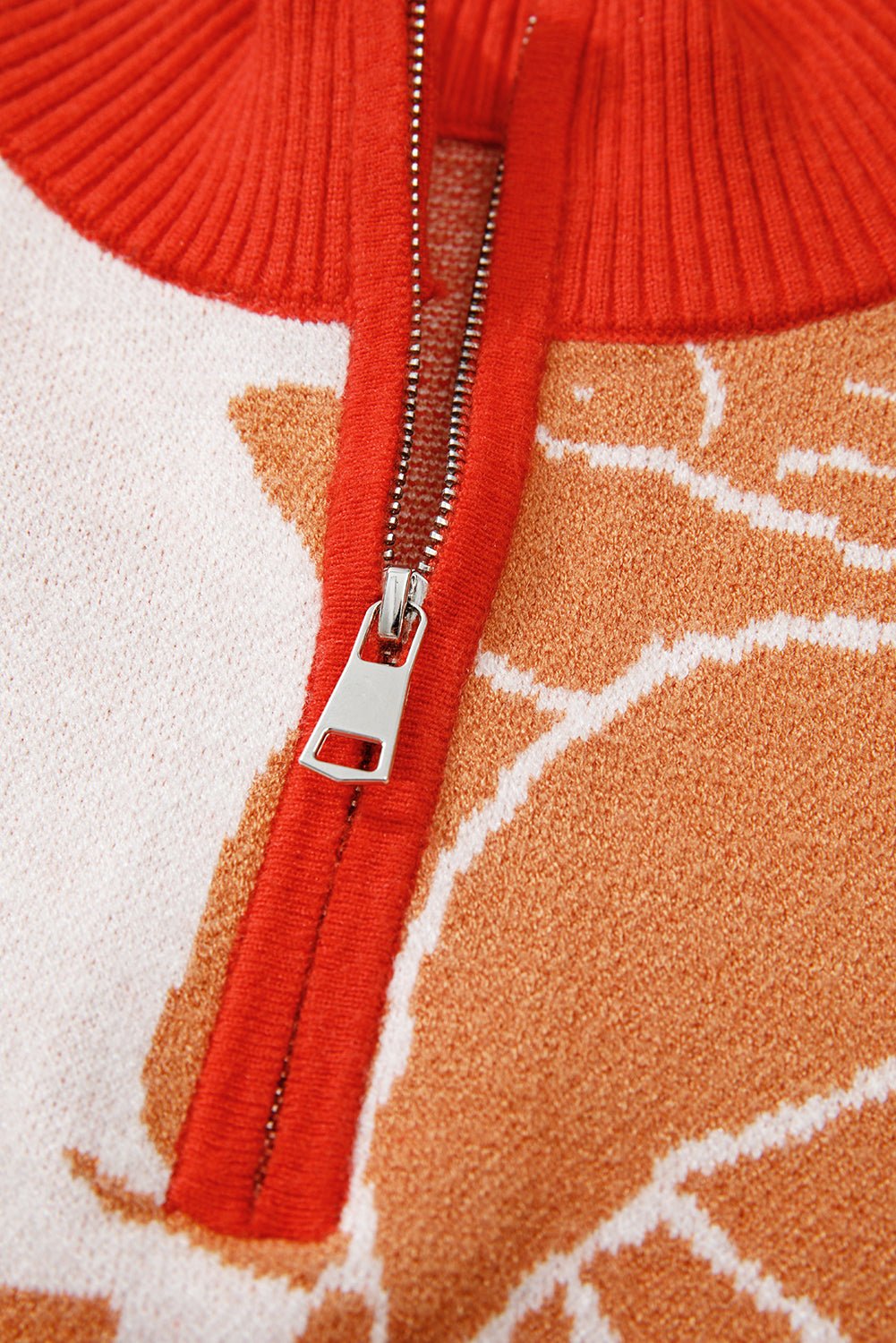 Khaki Ribbed Detail Floral Pattern Zip Collar Pullover Sweater - MAD RUFFI