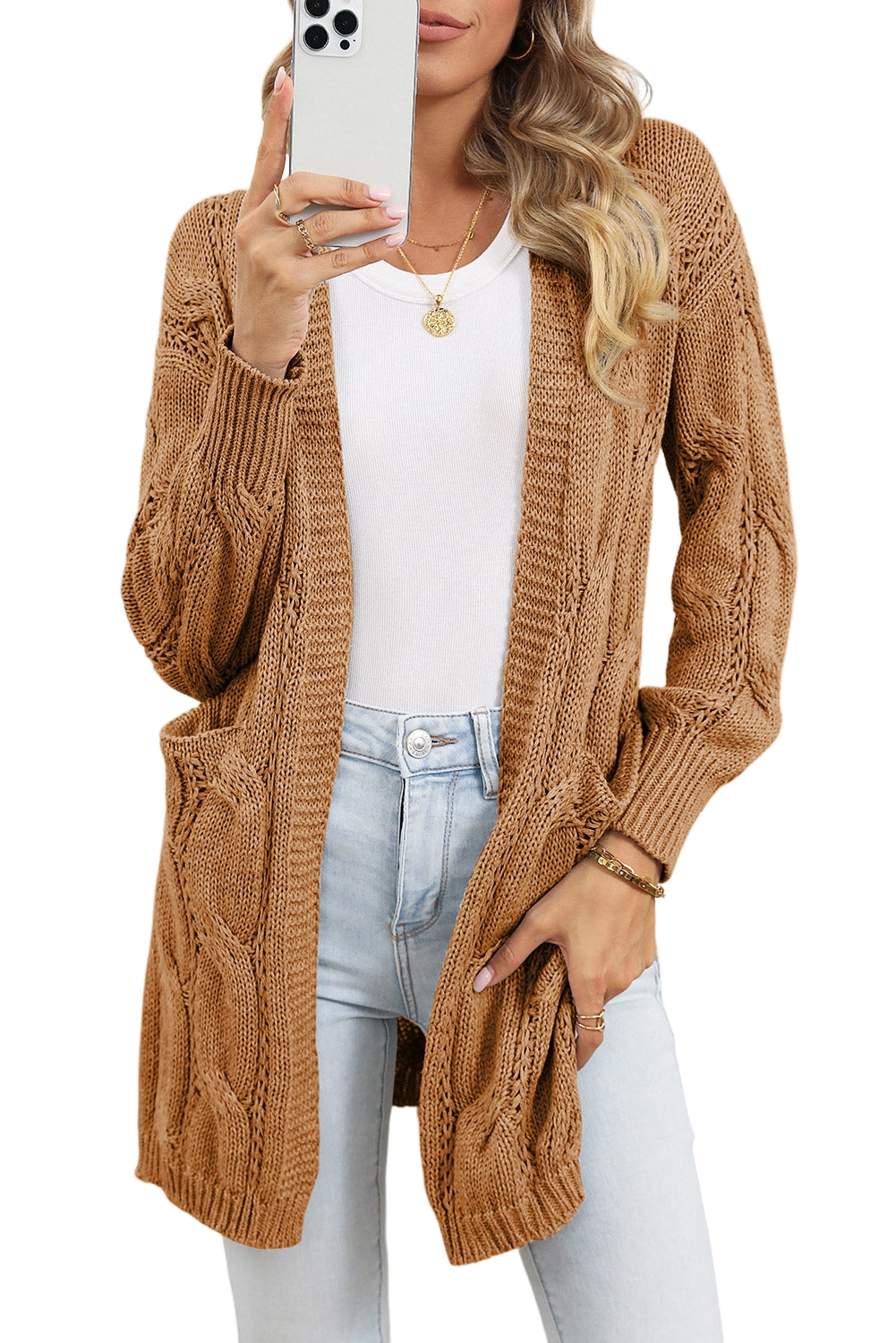 Khaki Ribbed Trim Hollow Knit Side Slits Cardigan - MAD RUFFI