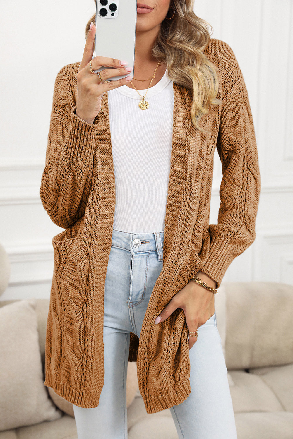 Khaki Ribbed Trim Hollow Knit Side Slits Cardigan - MAD RUFFI