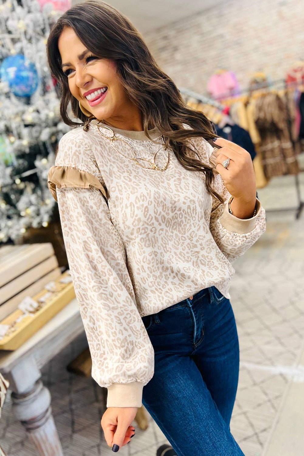 Khaki Ribbed Trim Ruffle Detail Leopard Round Neck Sweatshirt - MAD RUFFI