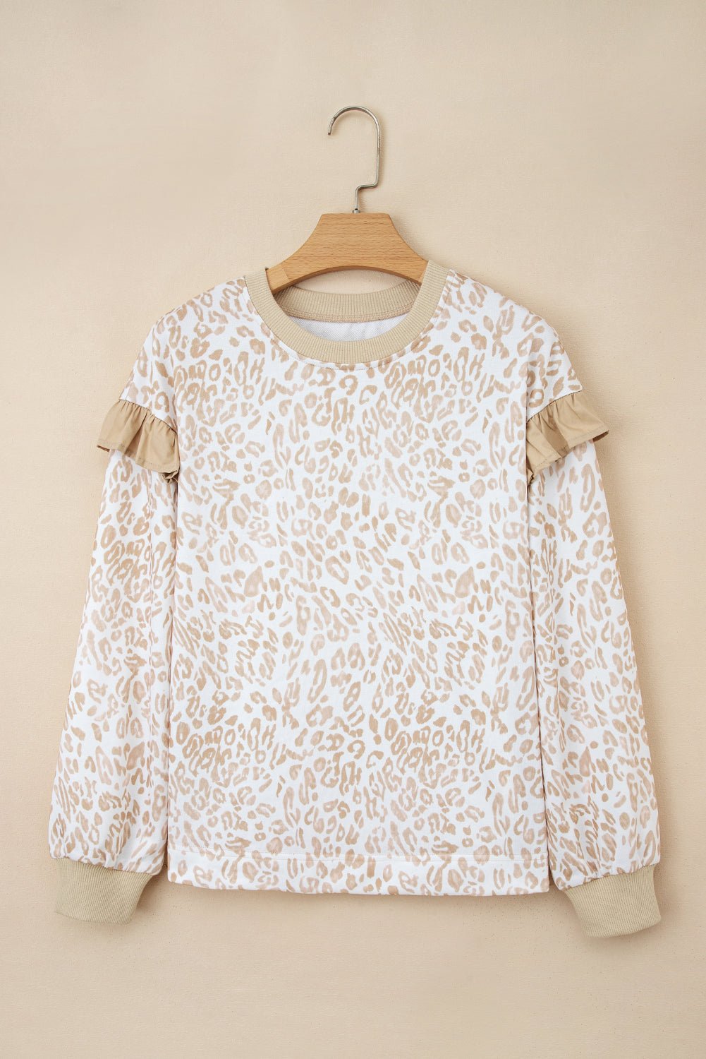 Khaki Ribbed Trim Ruffle Detail Leopard Round Neck Sweatshirt - MAD RUFFI
