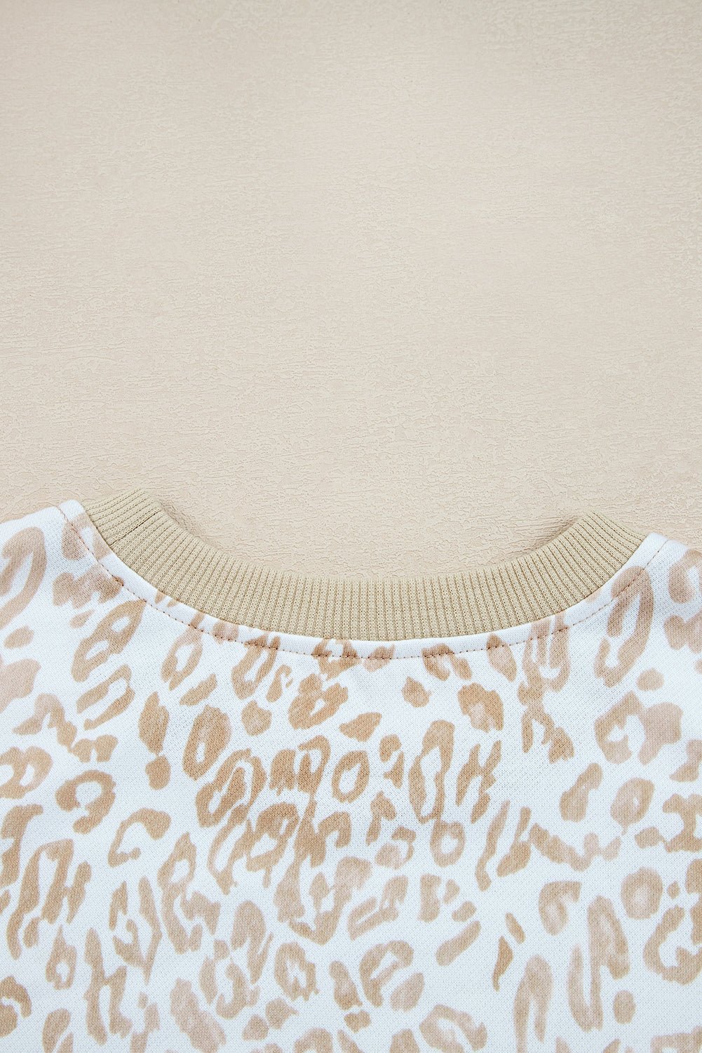 Khaki Ribbed Trim Ruffle Detail Leopard Round Neck Sweatshirt - MAD RUFFI