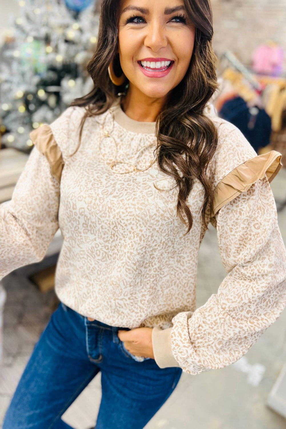 Khaki Ribbed Trim Ruffle Detail Leopard Round Neck Sweatshirt - MAD RUFFI