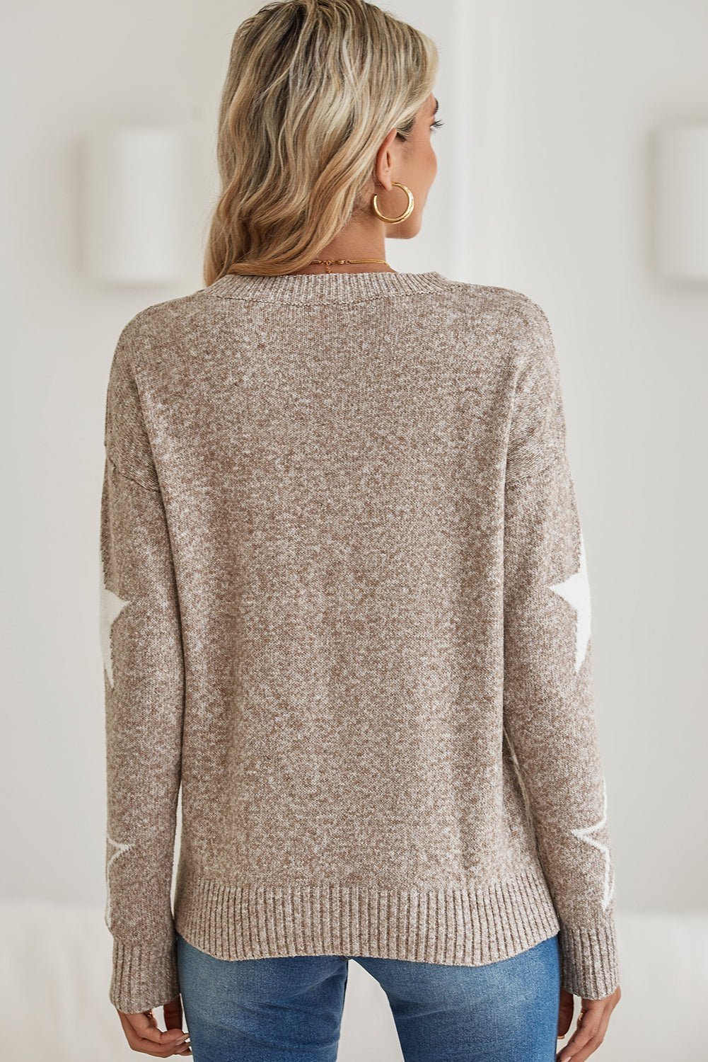 Khaki Star Pattern Drop Shoulder Knit Sweater - MAD RUFFI