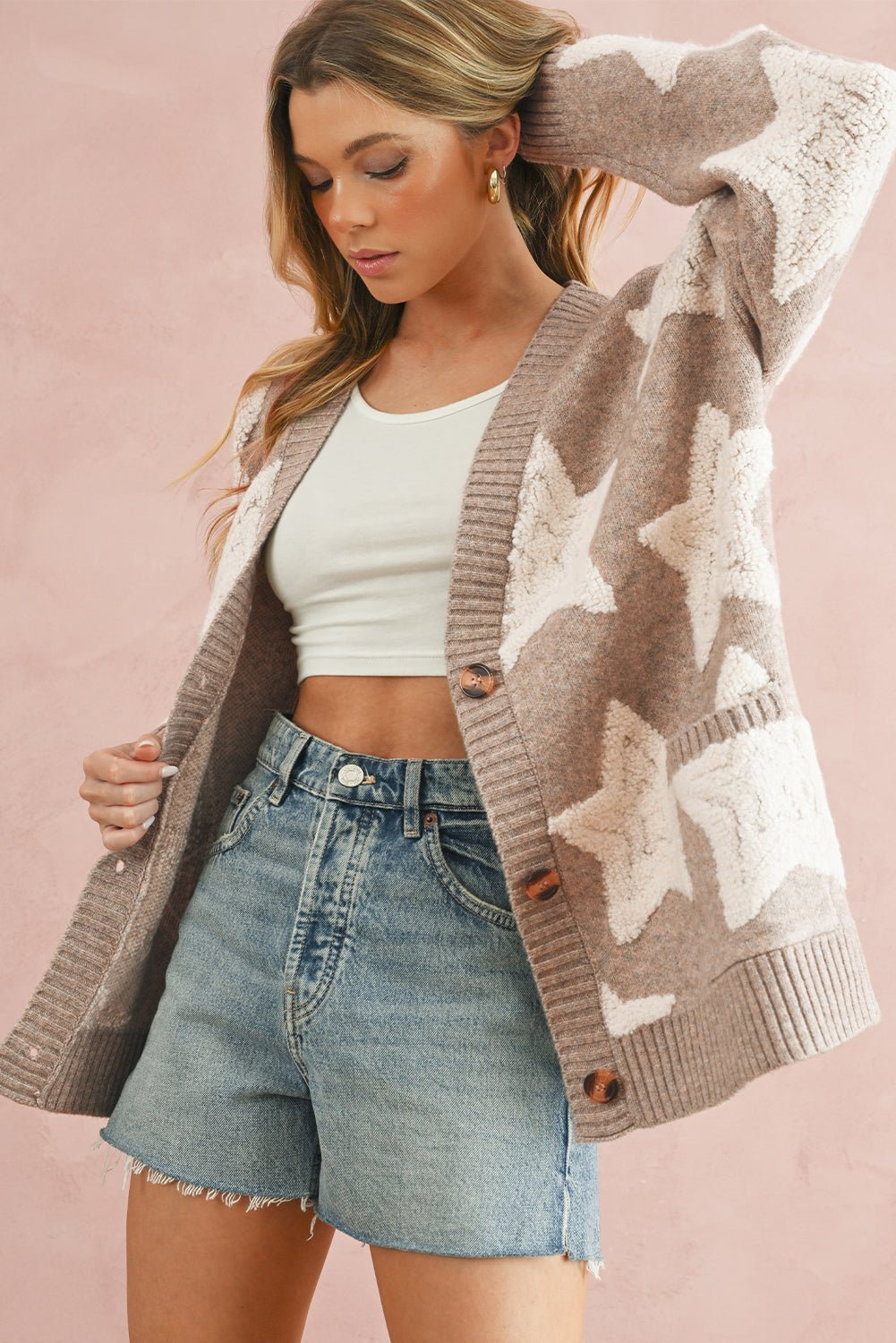 Khaki Star Pattern Pockets Button Front Cardigan - MAD RUFFI