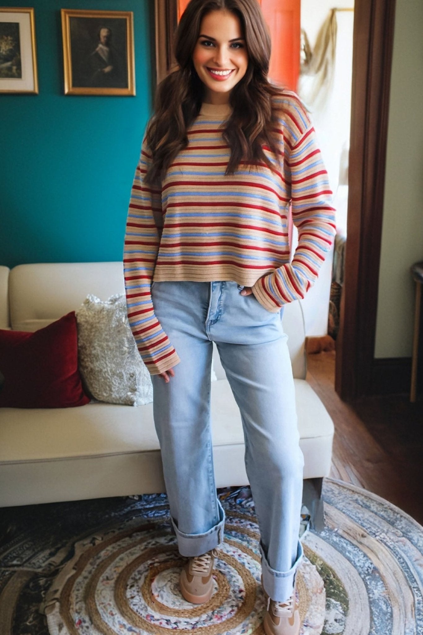 Khaki Stripe Drop Shoulder Cropped Long Sleeve Fall Sweater - MAD RUFFI