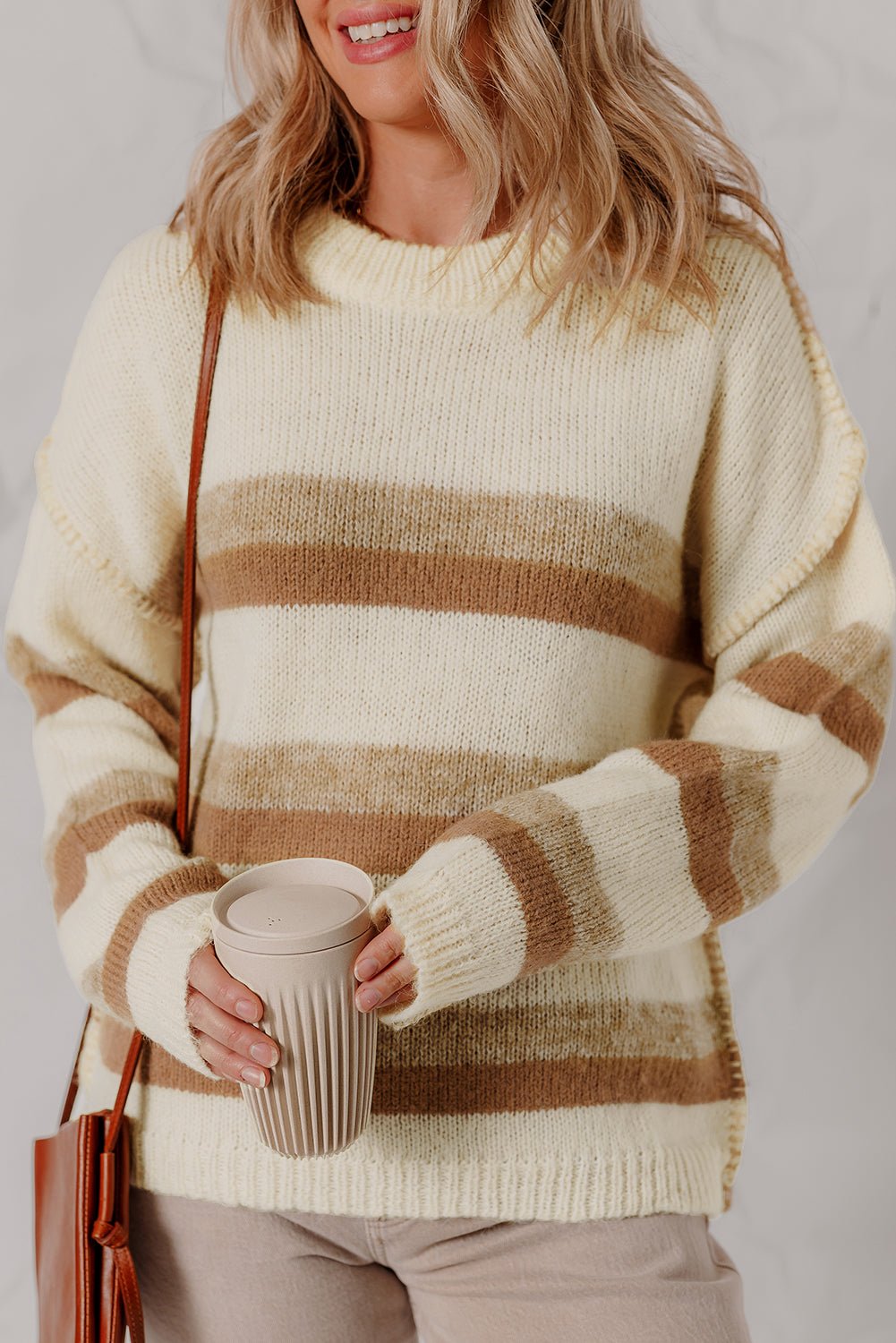 Khaki Stripe Exposed Seam Drop Shoulder Knit Baggy Sweater - MAD RUFFI