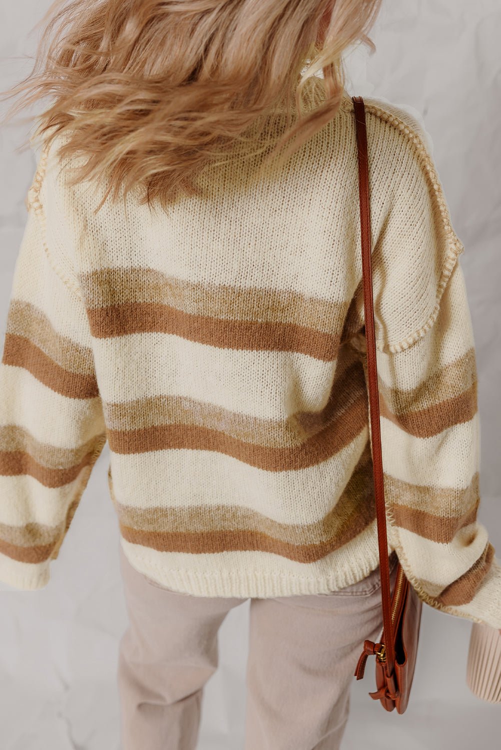 Khaki Stripe Exposed Seam Drop Shoulder Knit Baggy Sweater - MAD RUFFI
