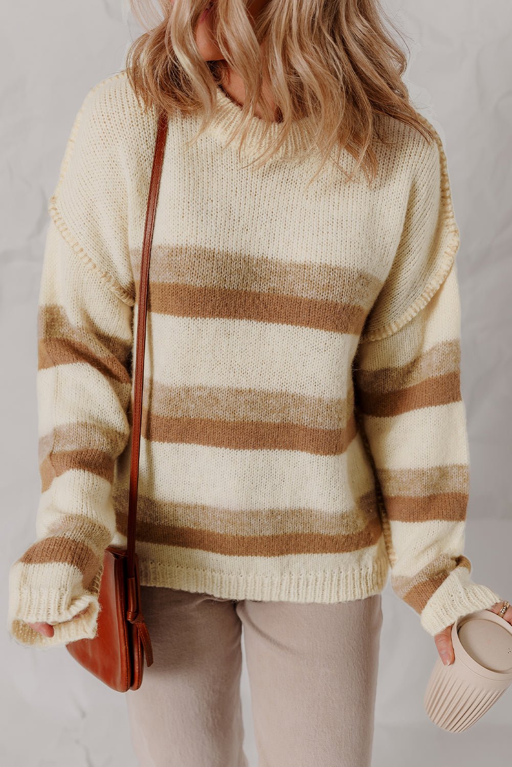 Khaki Stripe Exposed Seam Drop Shoulder Knit Baggy Sweater - MAD RUFFI