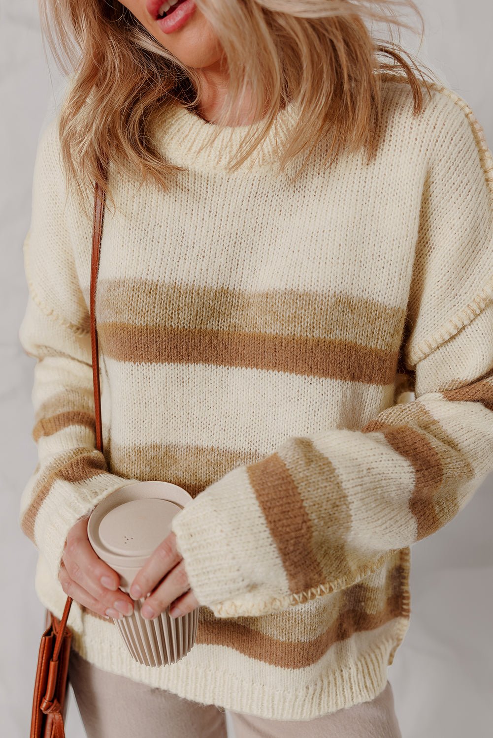 Khaki Stripe Exposed Seam Drop Shoulder Knit Baggy Sweater - MAD RUFFI