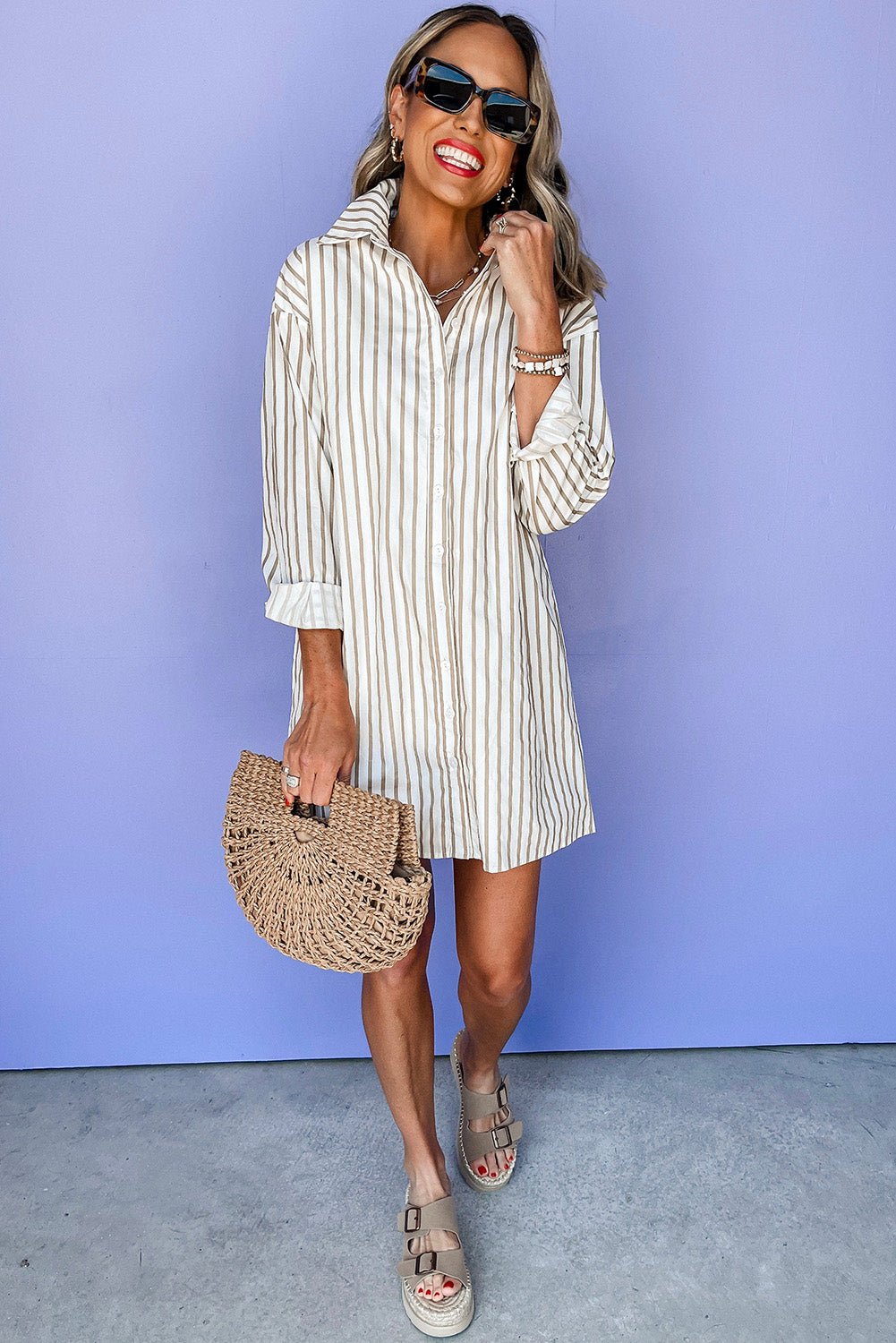 Khaki Stripe Long Sleeve Button Up Mini Shirt Dress - MAD RUFFI