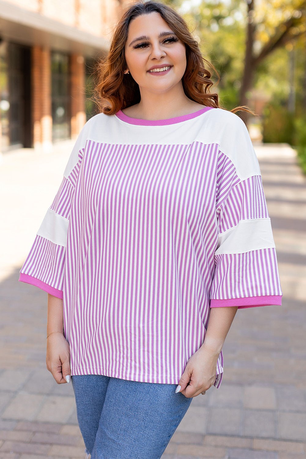 Khaki Stripe Patchwork Bracelet Sleeve Plus Size T Shirt - MAD RUFFI