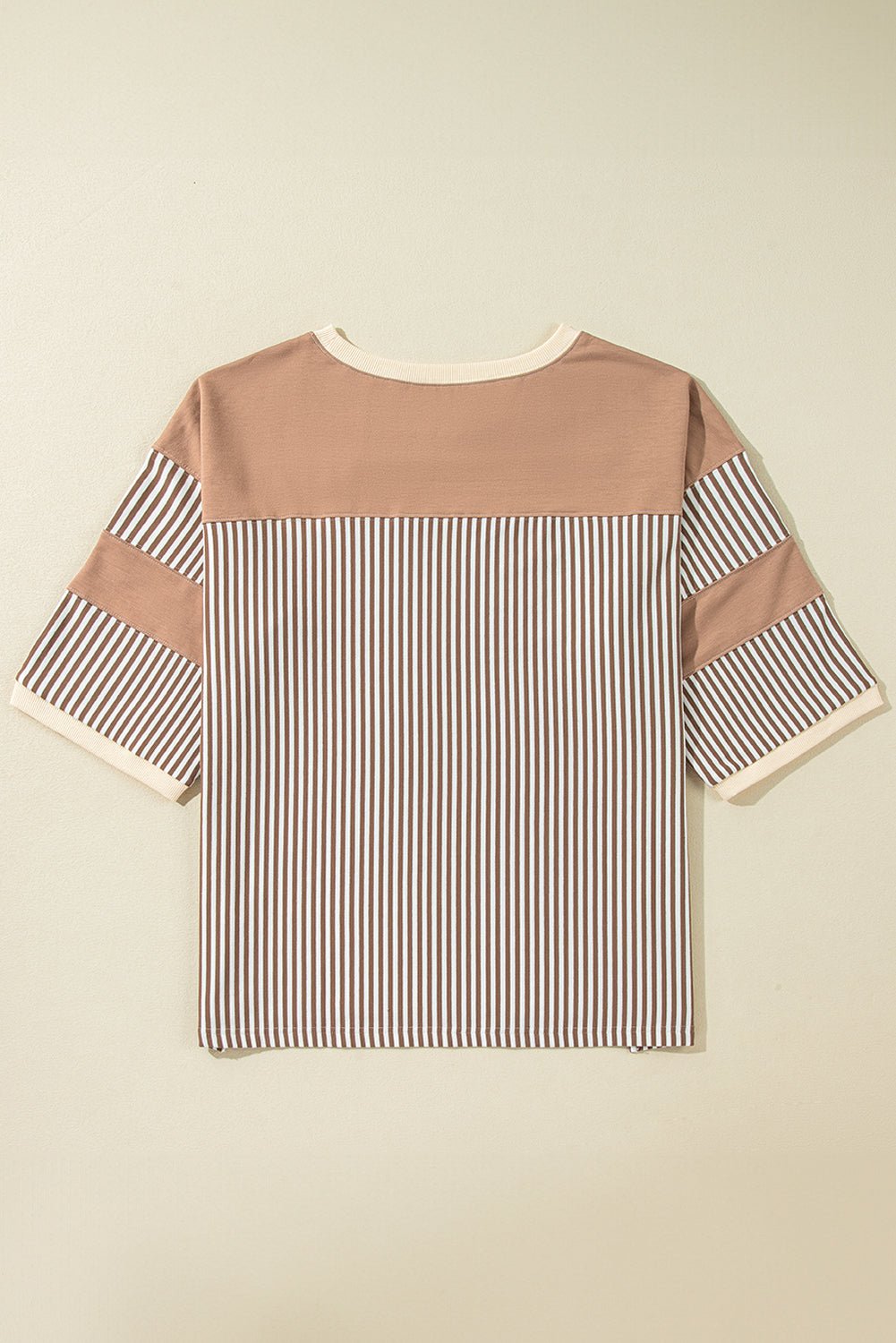 Khaki Stripe Patchwork Bracelet Sleeve Plus Size T Shirt - MAD RUFFI