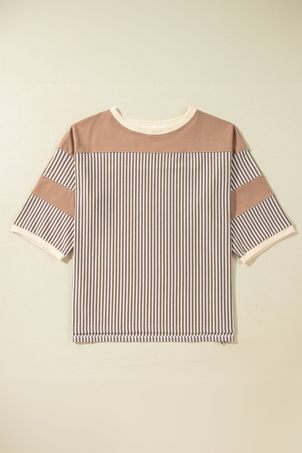 Khaki Stripe Patchwork Bracelet Sleeve Plus Size T Shirt - MAD RUFFI