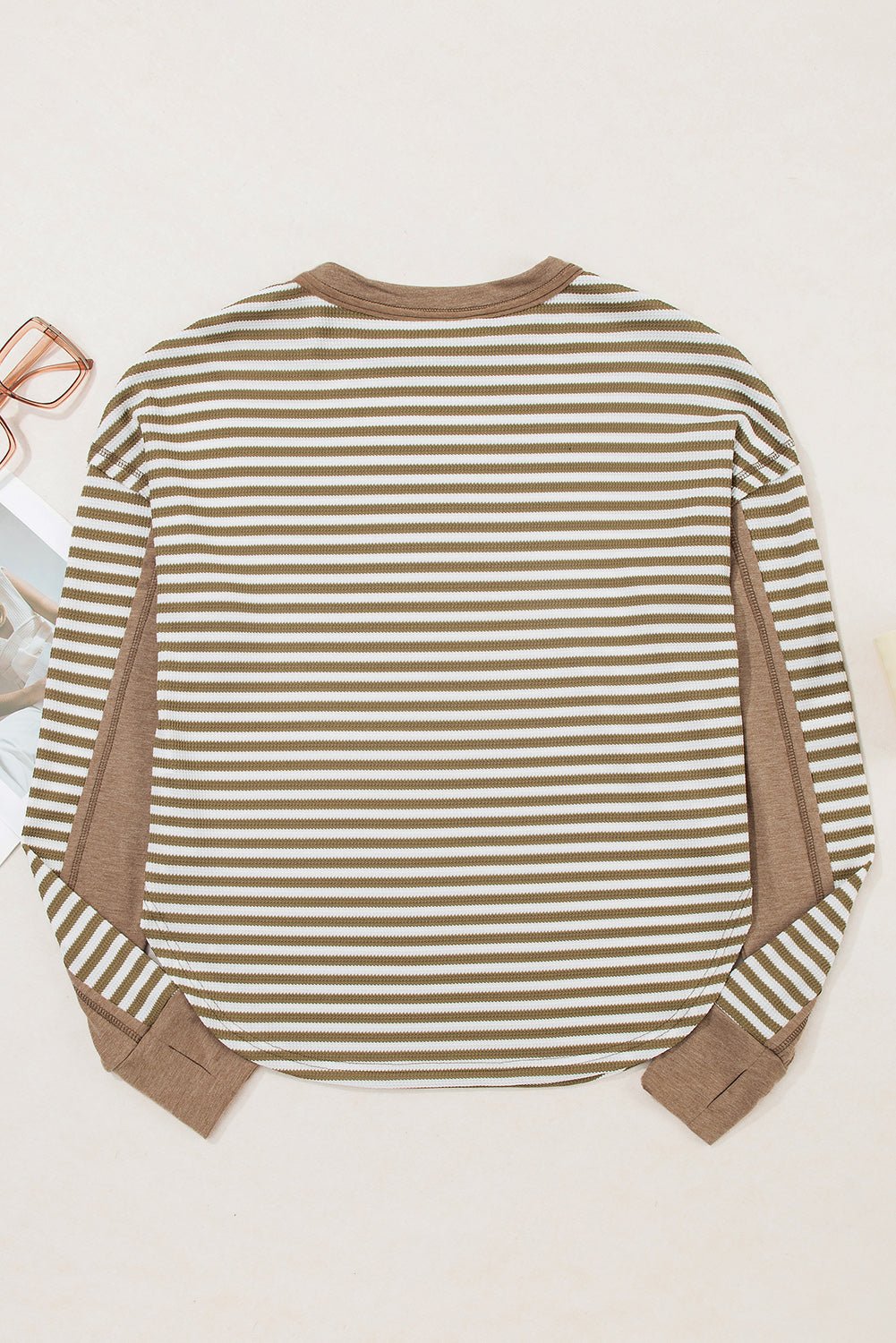 Khaki Stripe Patchwork Knit Drop Shoulder Top - MAD RUFFI