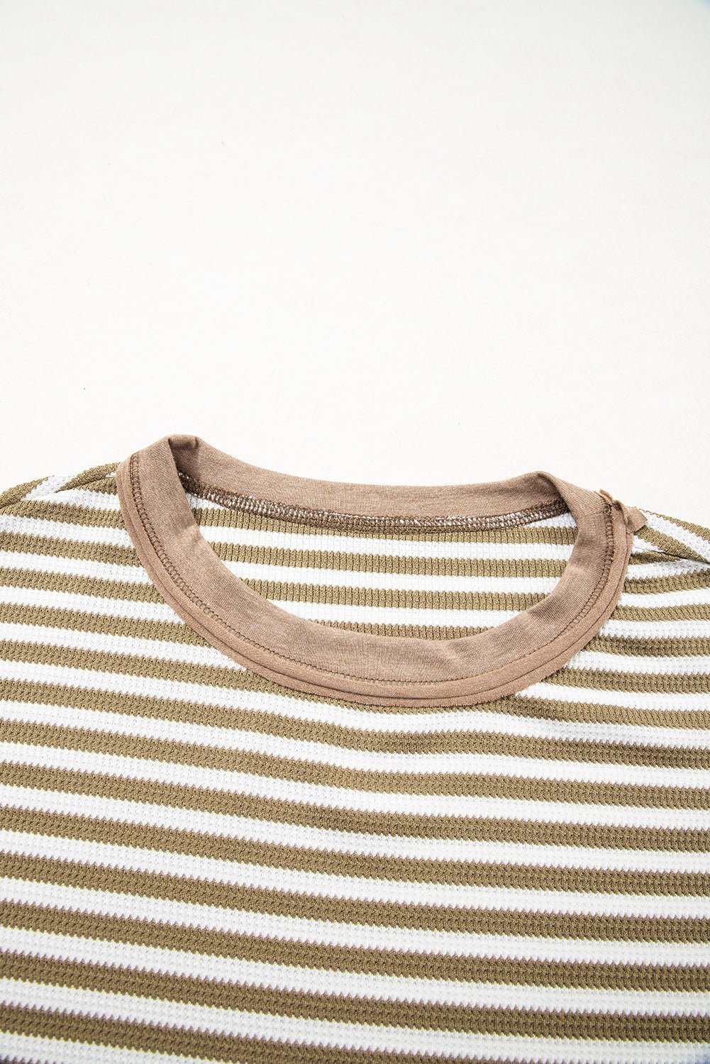 Khaki Stripe Patchwork Knit Drop Shoulder Top - MAD RUFFI
