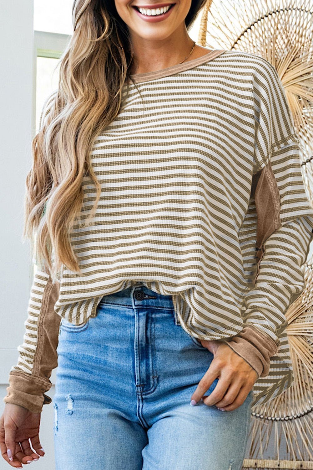 Khaki Stripe Patchwork Knit Drop Shoulder Top - MAD RUFFI