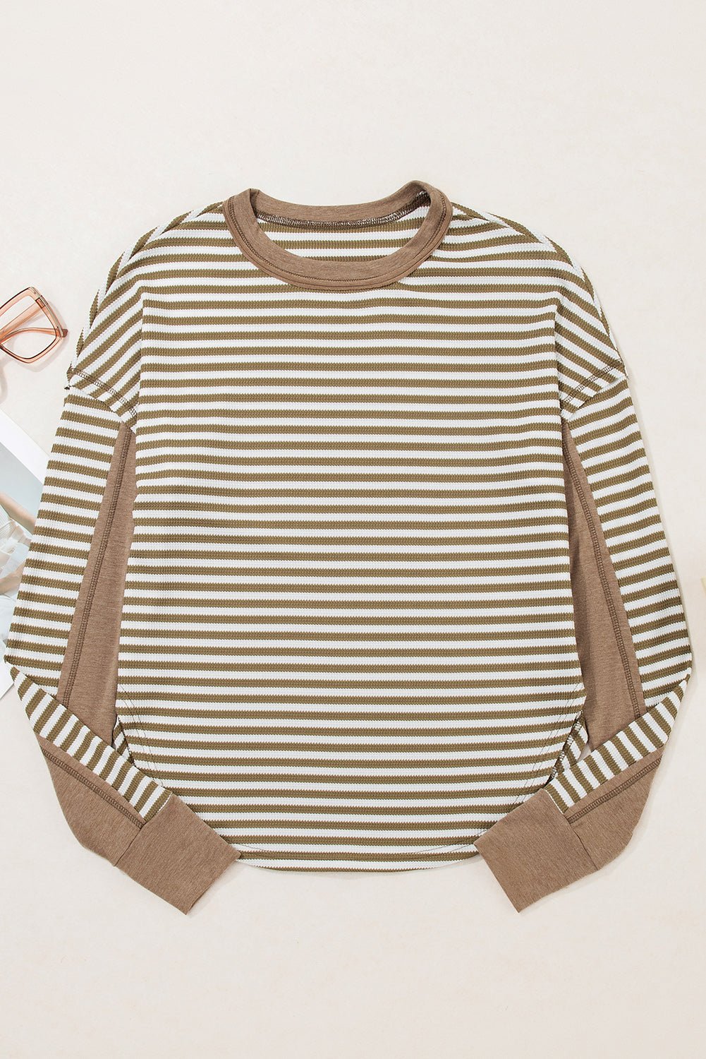 Khaki Stripe Patchwork Knit Drop Shoulder Top - MAD RUFFI