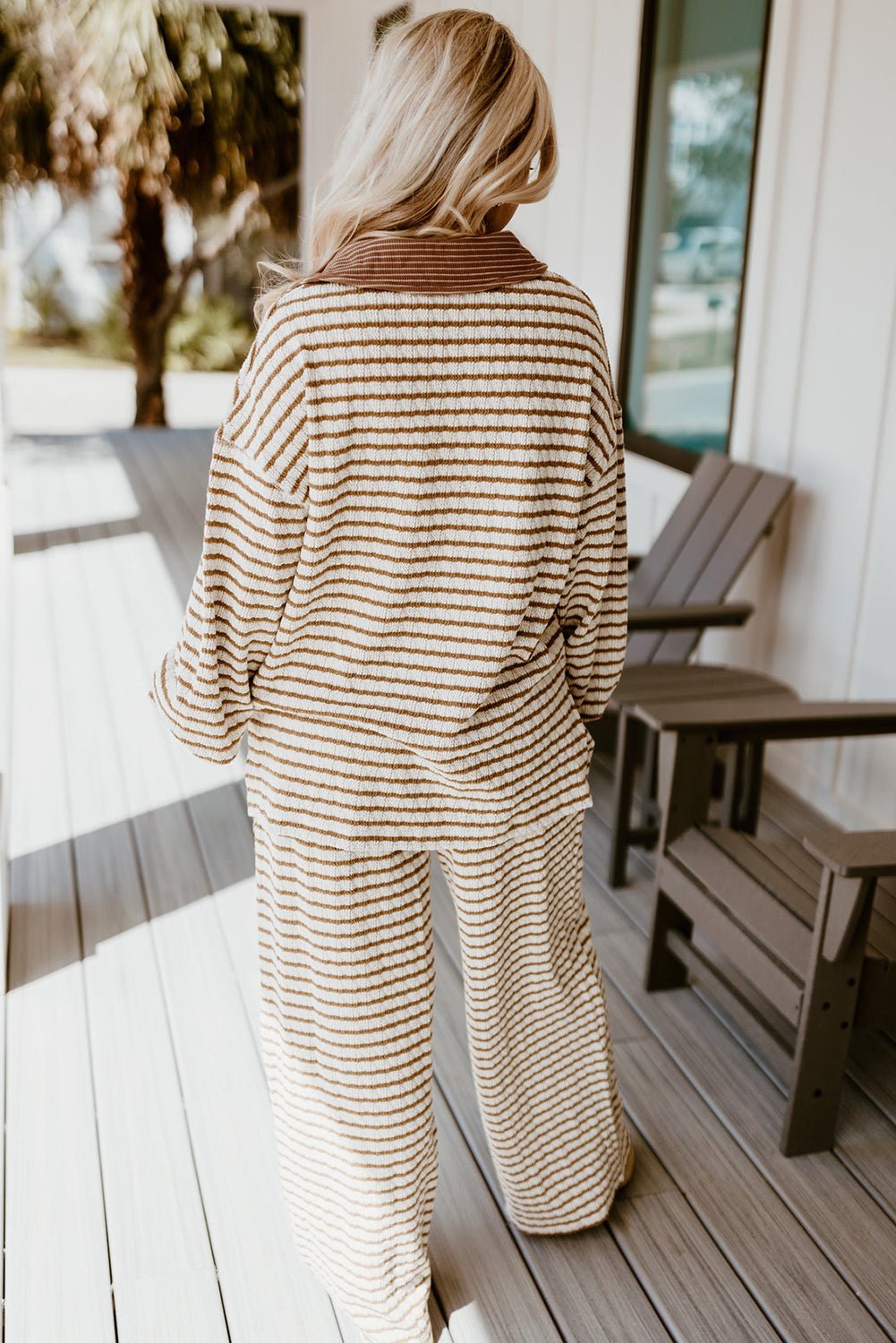 Khaki Stripe Textured Collared Pullover Top and Drawstring Pants Set - MAD RUFFI