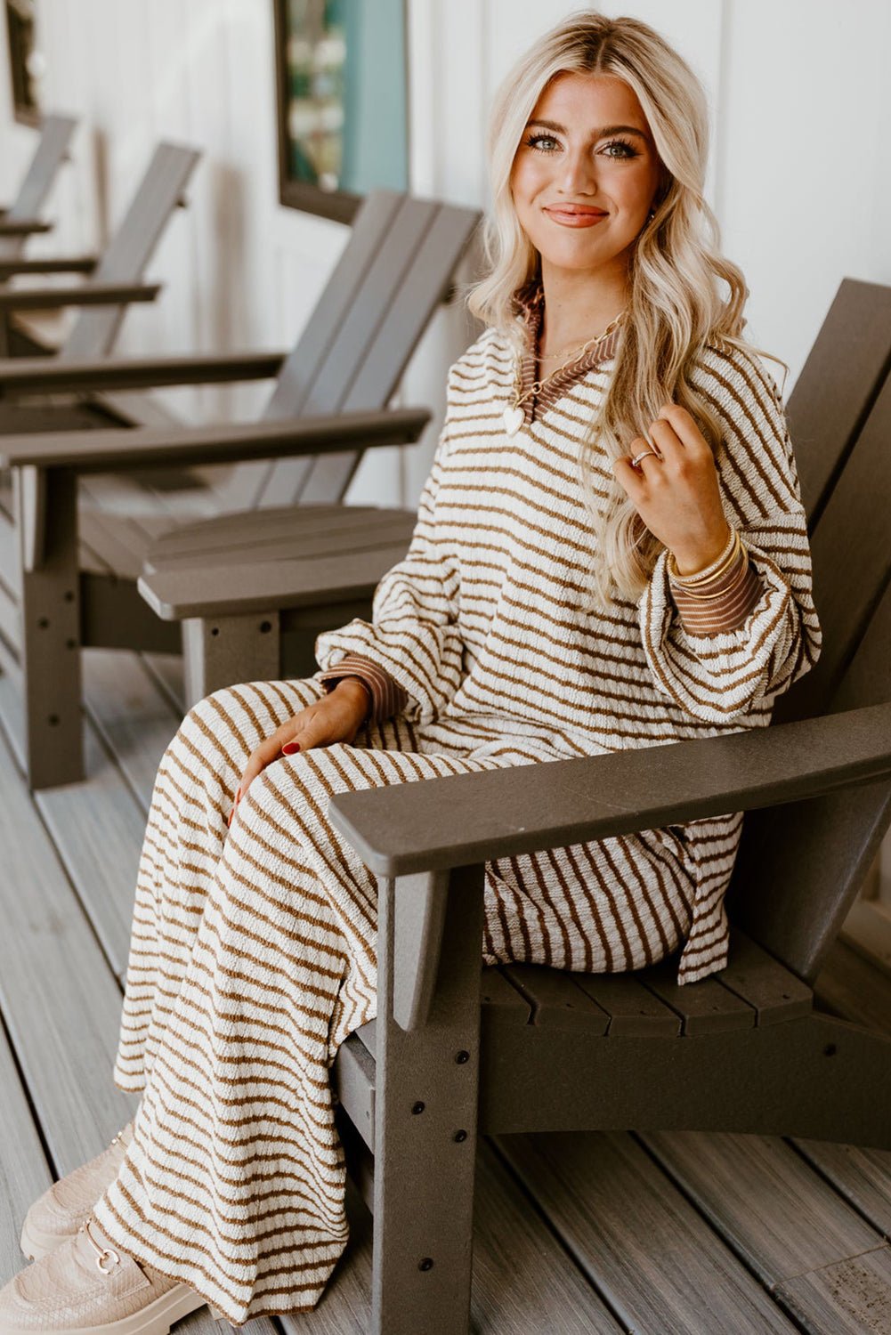 Khaki Stripe Textured Collared Pullover Top and Drawstring Pants Set - MAD RUFFI