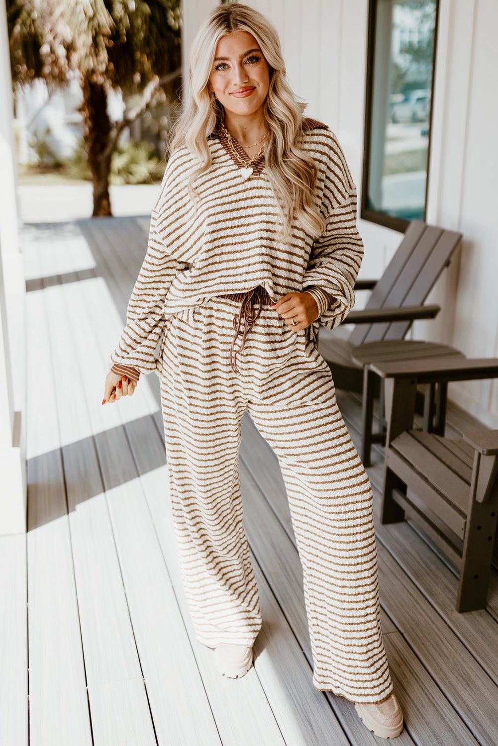 Khaki Stripe Textured Collared Pullover Top and Drawstring Pants Set - MAD RUFFI