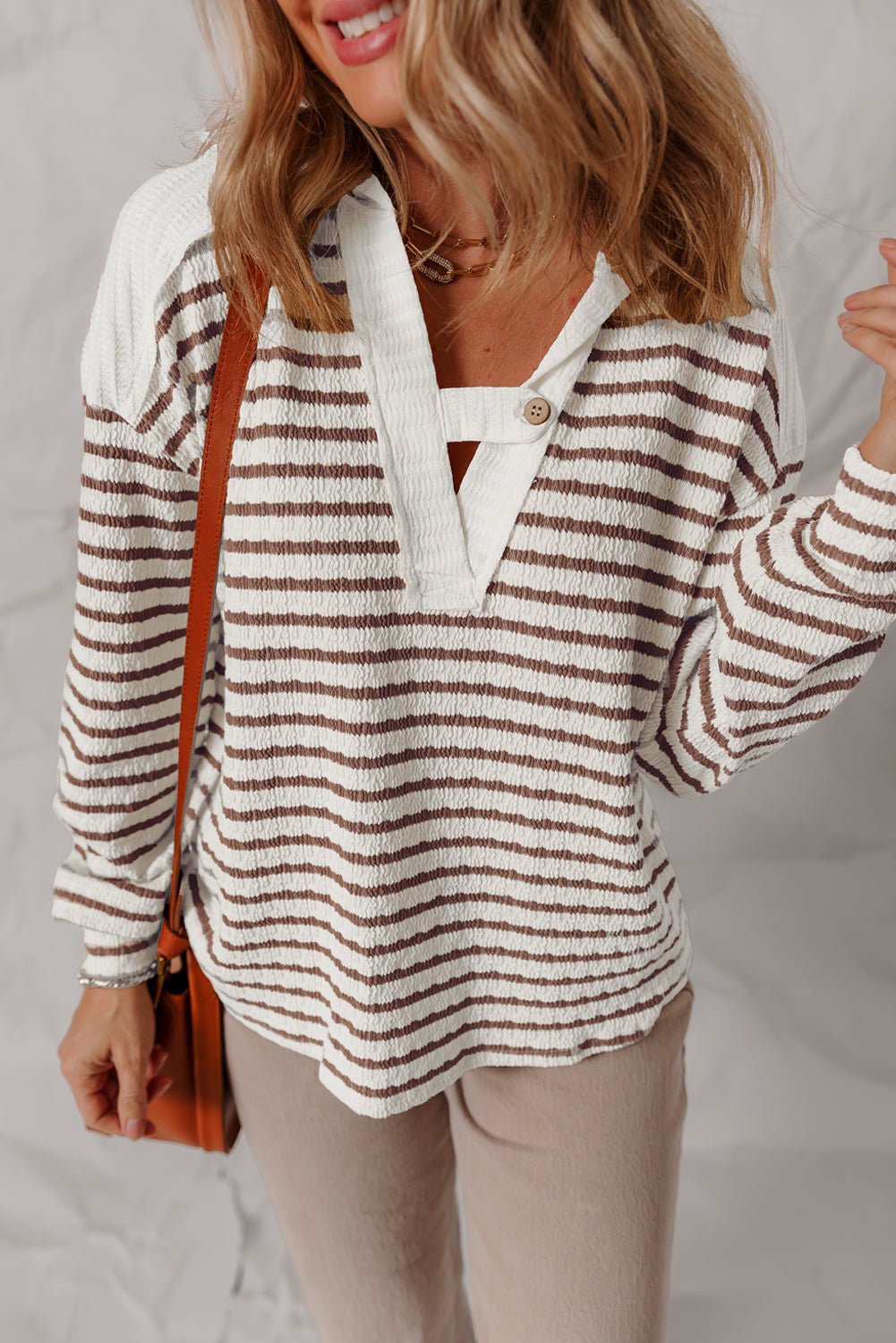 Khaki Stripe Textured Hooded Long Sleeve Top - MAD RUFFI