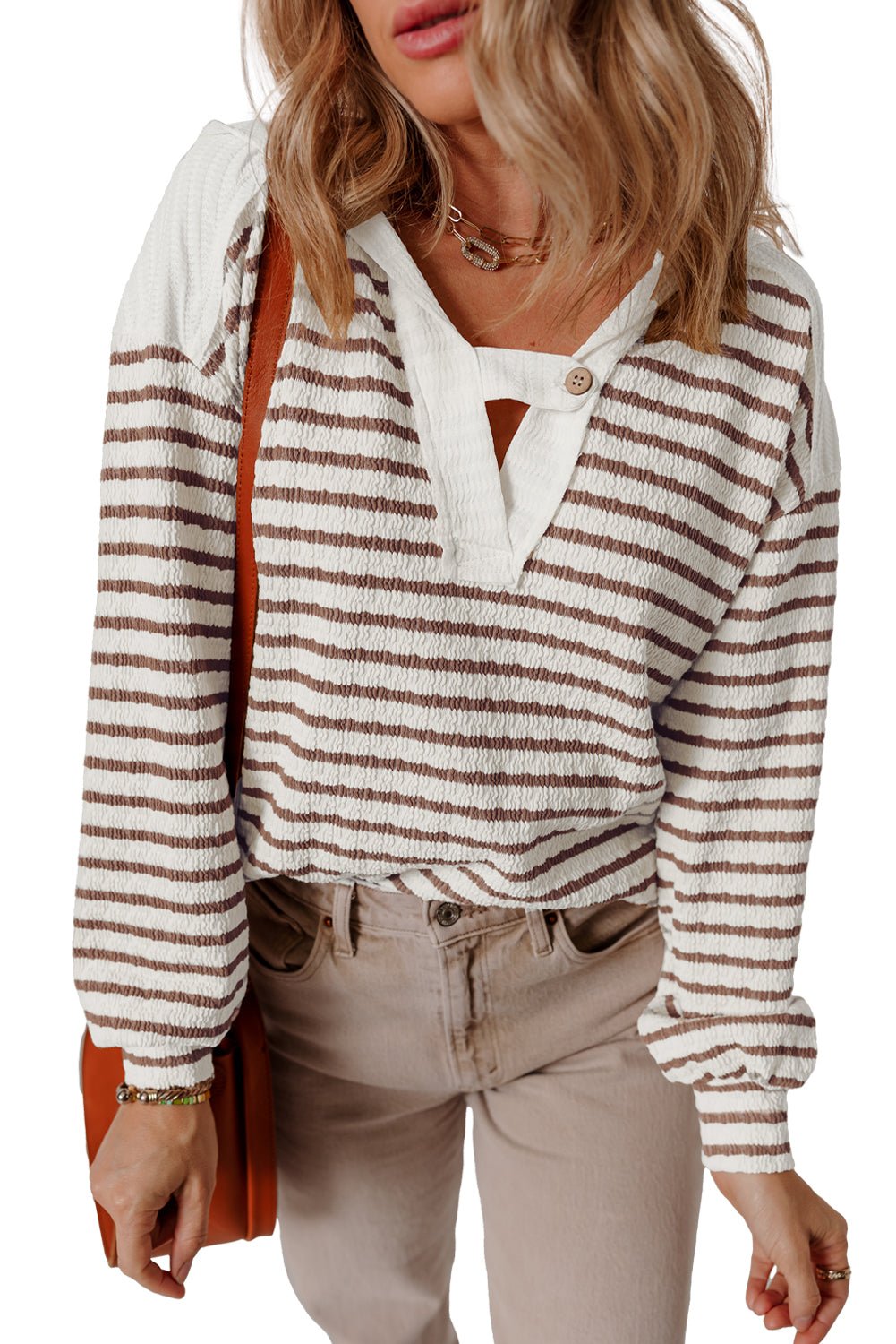 Khaki Stripe Textured Hooded Long Sleeve Top - MAD RUFFI